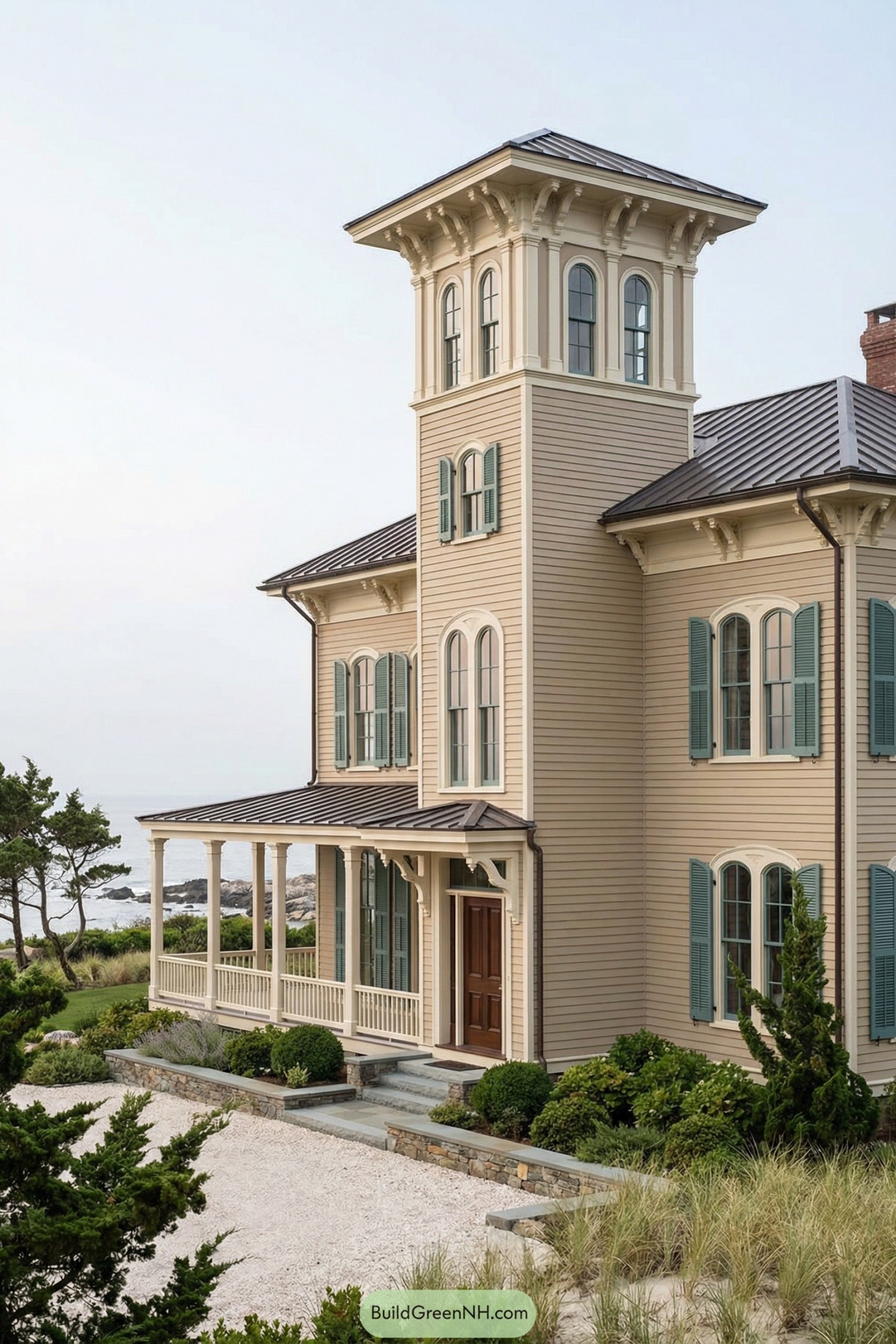 Tall cream clapboard villa with green shutters, wraparound porch, and square tower overlooking a rocky shoreline