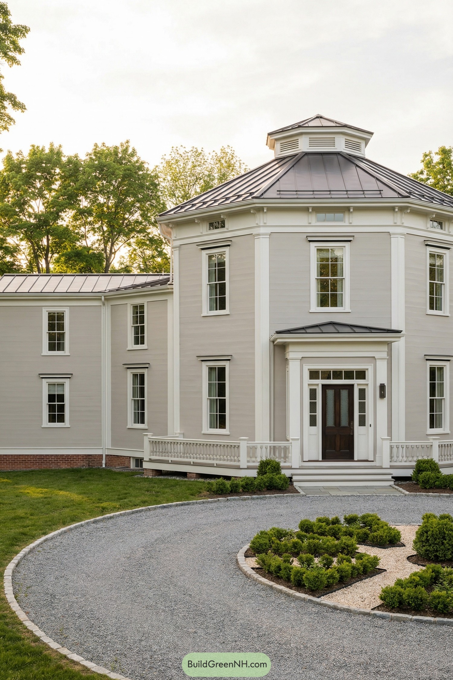 Elegant pale gray Victorian-style manor with octagonal entry tower, metal roof, and curved gravel drive framed by formal shrubs