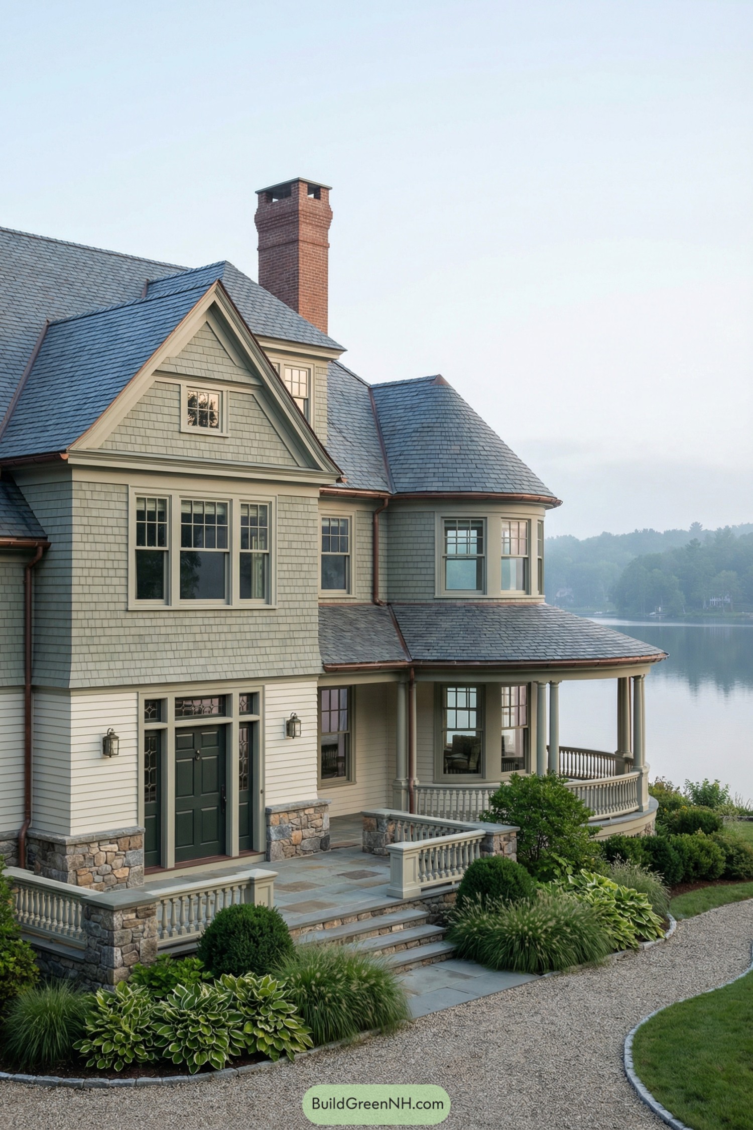 Three story shingle style Victorian home beside a calm lake