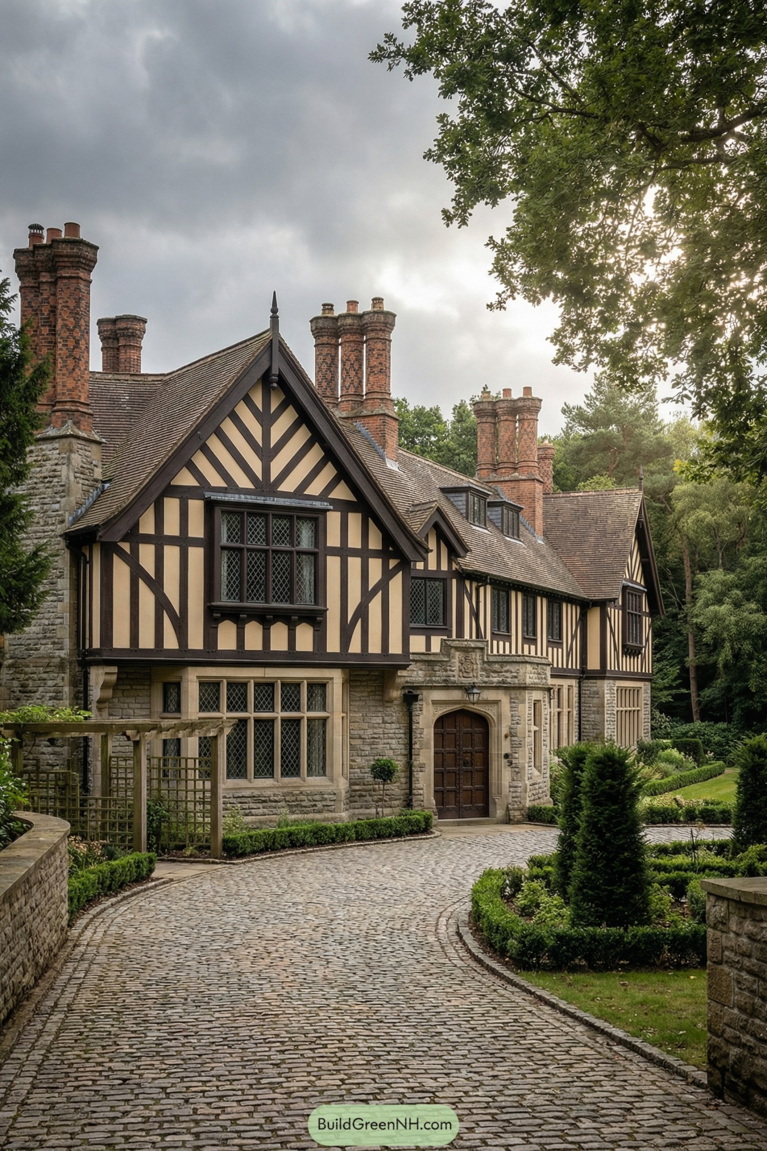 Tudor style country house with tall brick chimneys, half timbered gables, and cobblestone driveway