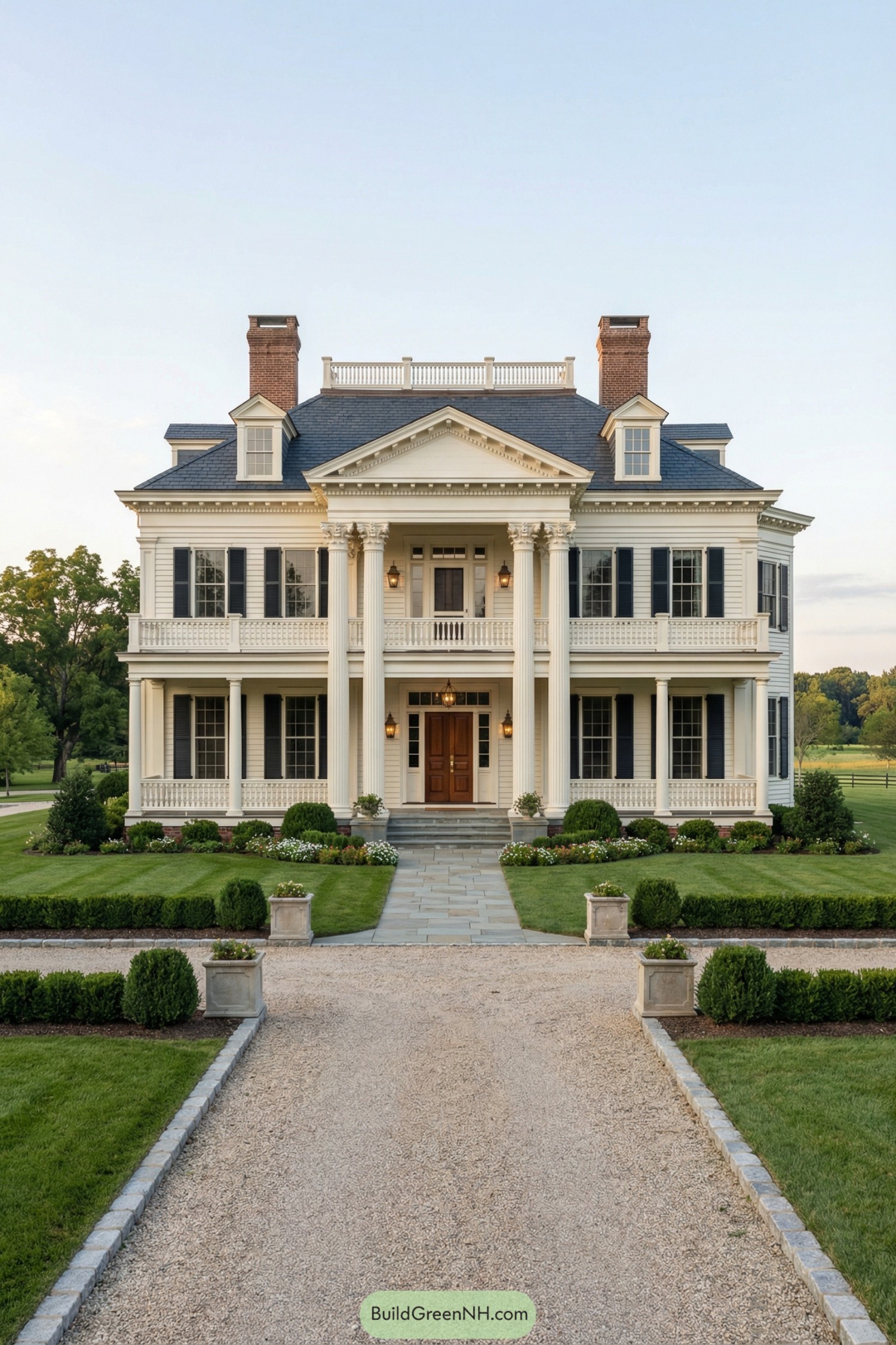 Grand white Georgian style mansion with tall columns a central portico and manicured front lawn