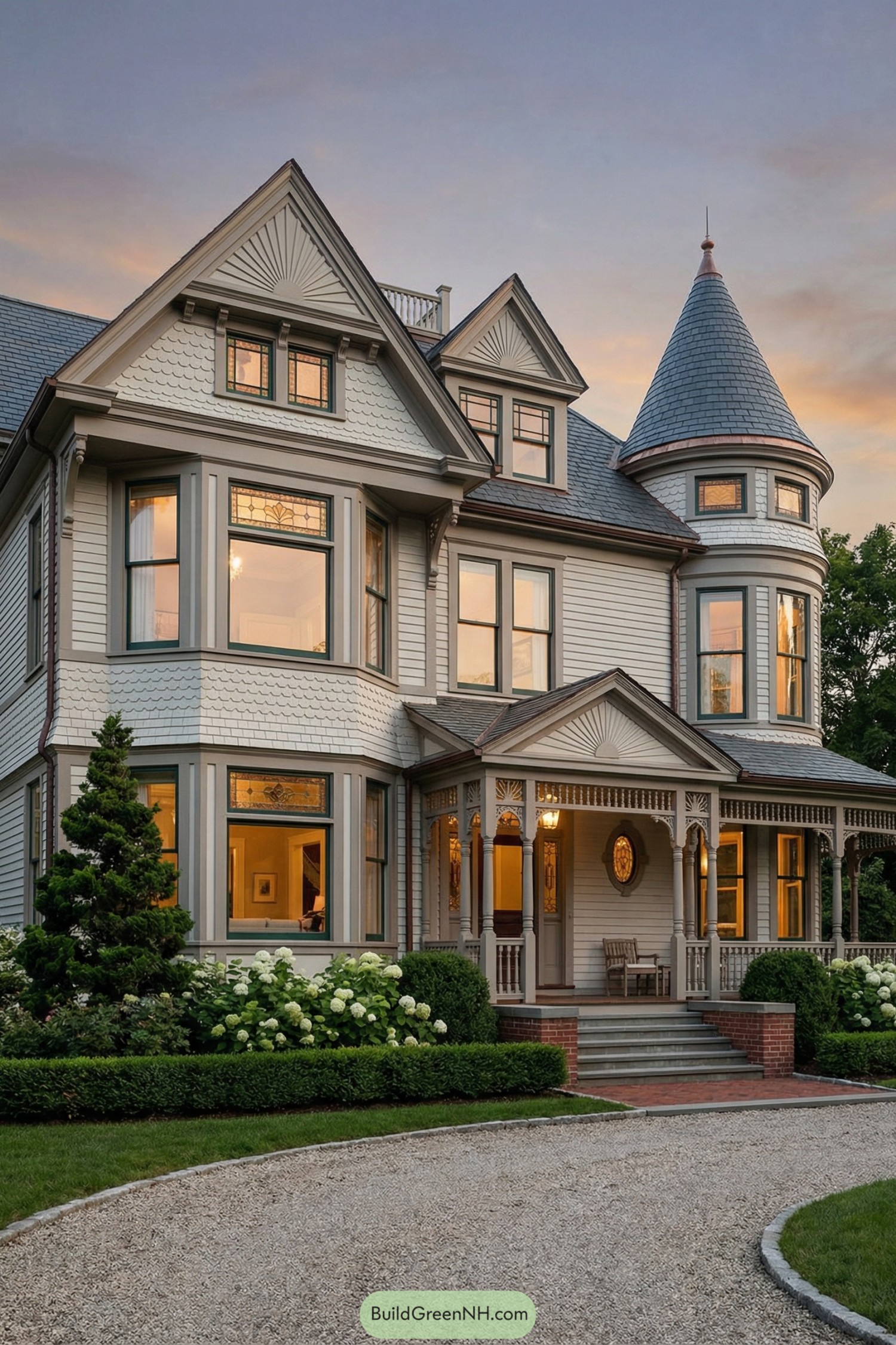 Victorian house with turret, ornate porch, and bay windows at sunset