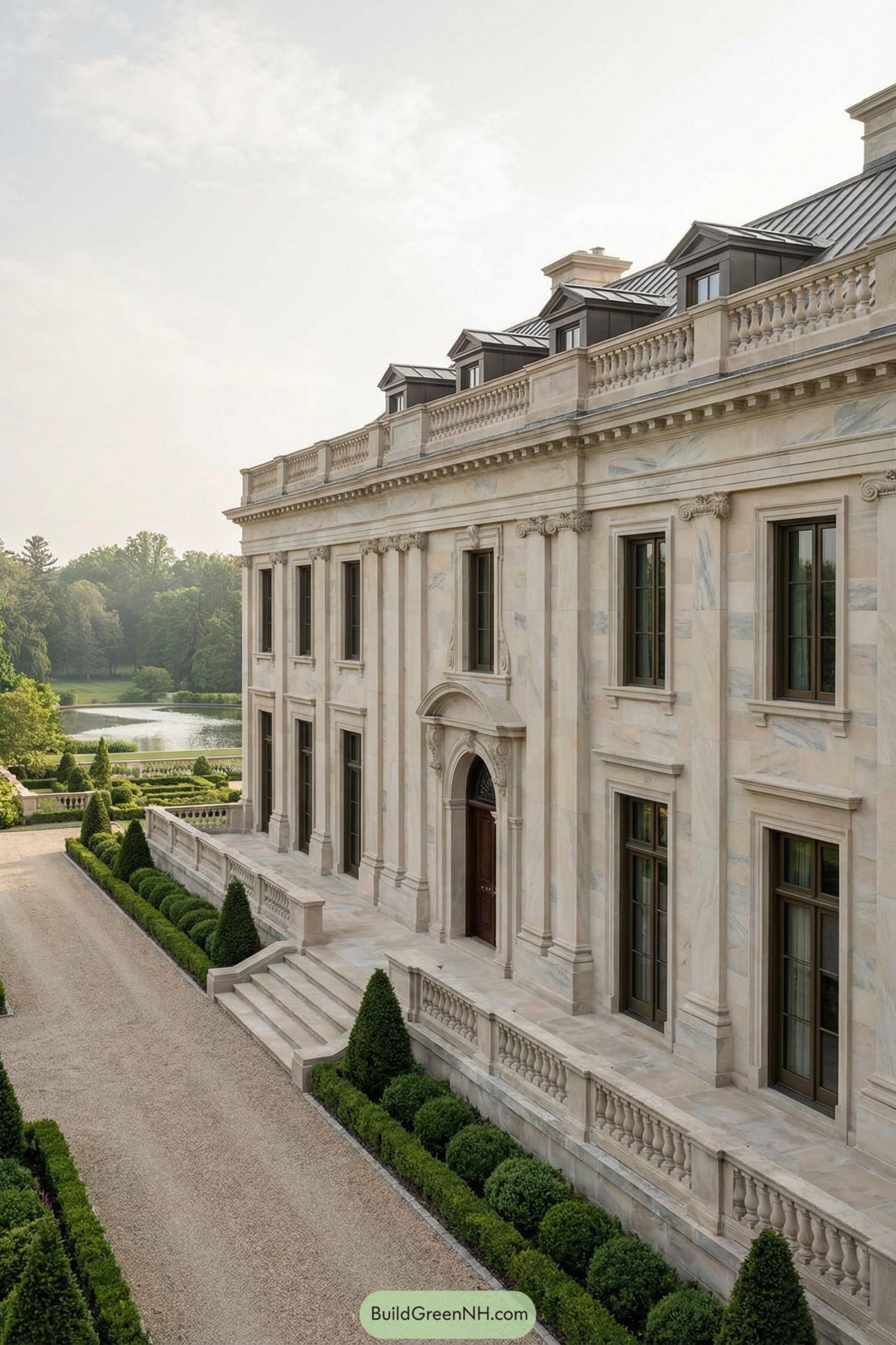 Grand stone mansion with balustrade terraces overlooking a formal drive and distant lake