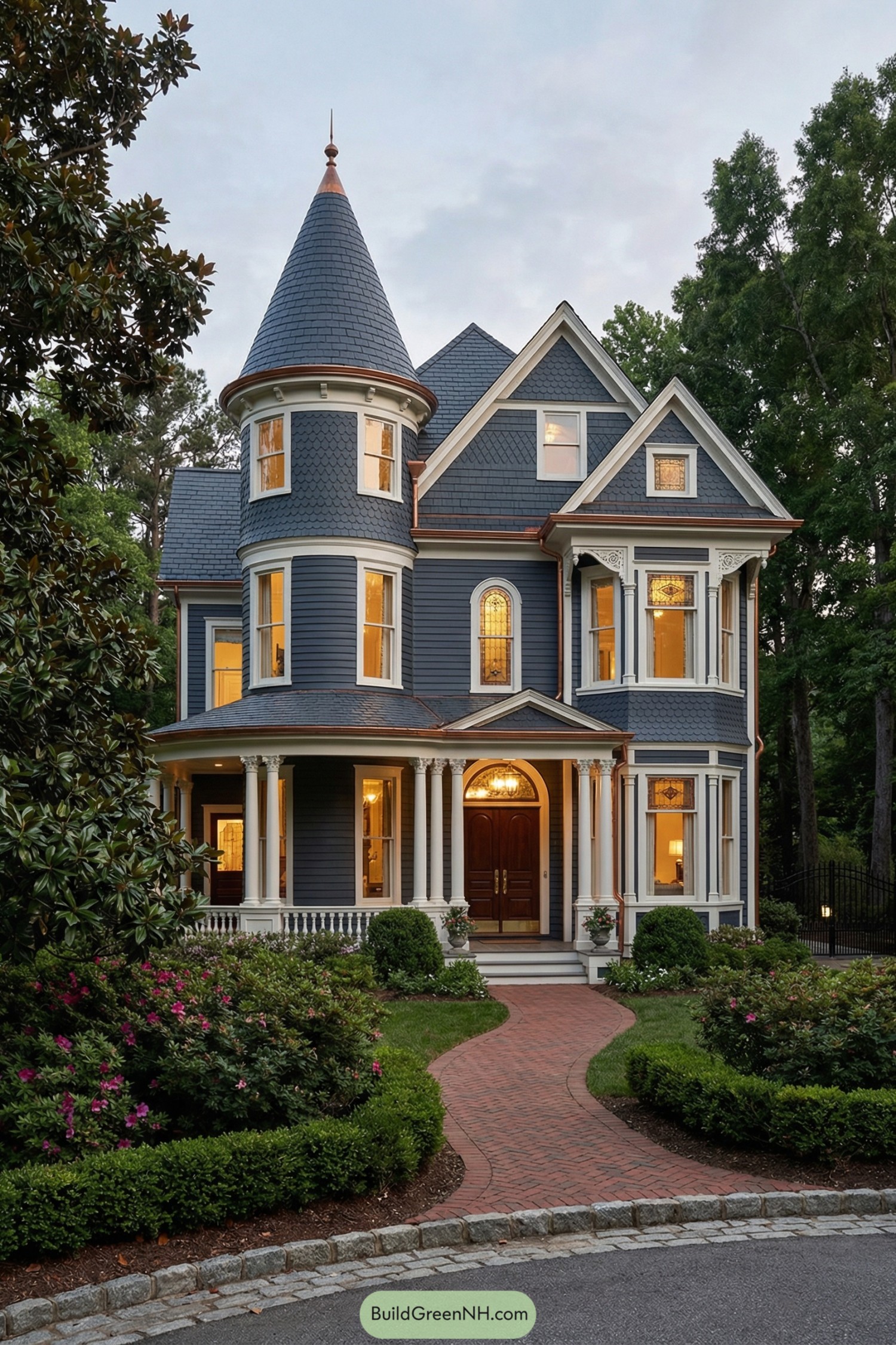 Deep blue Victorian house with round turret, wraparound porch, and glowing windows set in lush landscaping