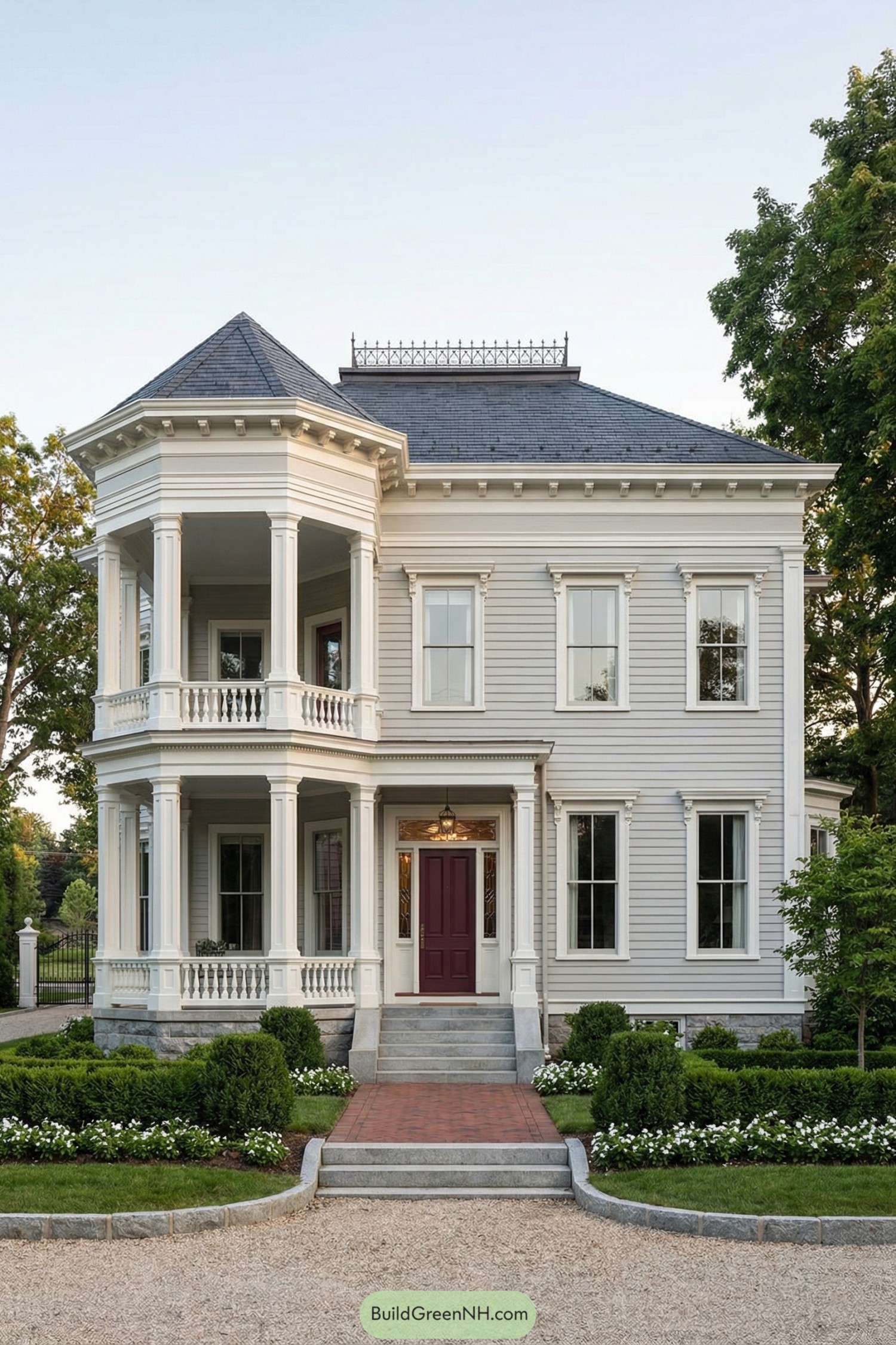 Elegant light gray Victorian house with two story corner veranda, slate roof, and manicured front garden