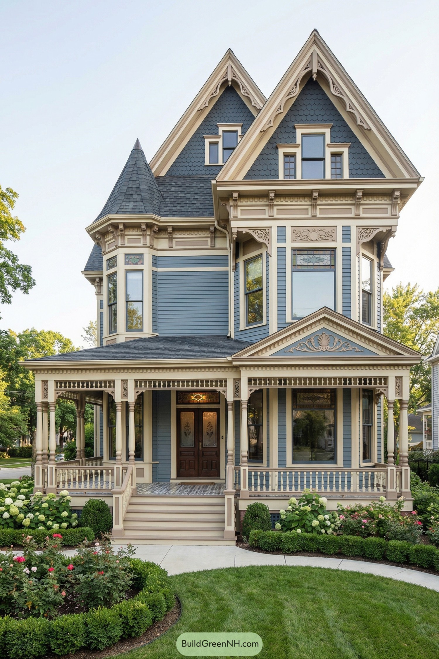 Victorian blue house with turret and wraparound porch