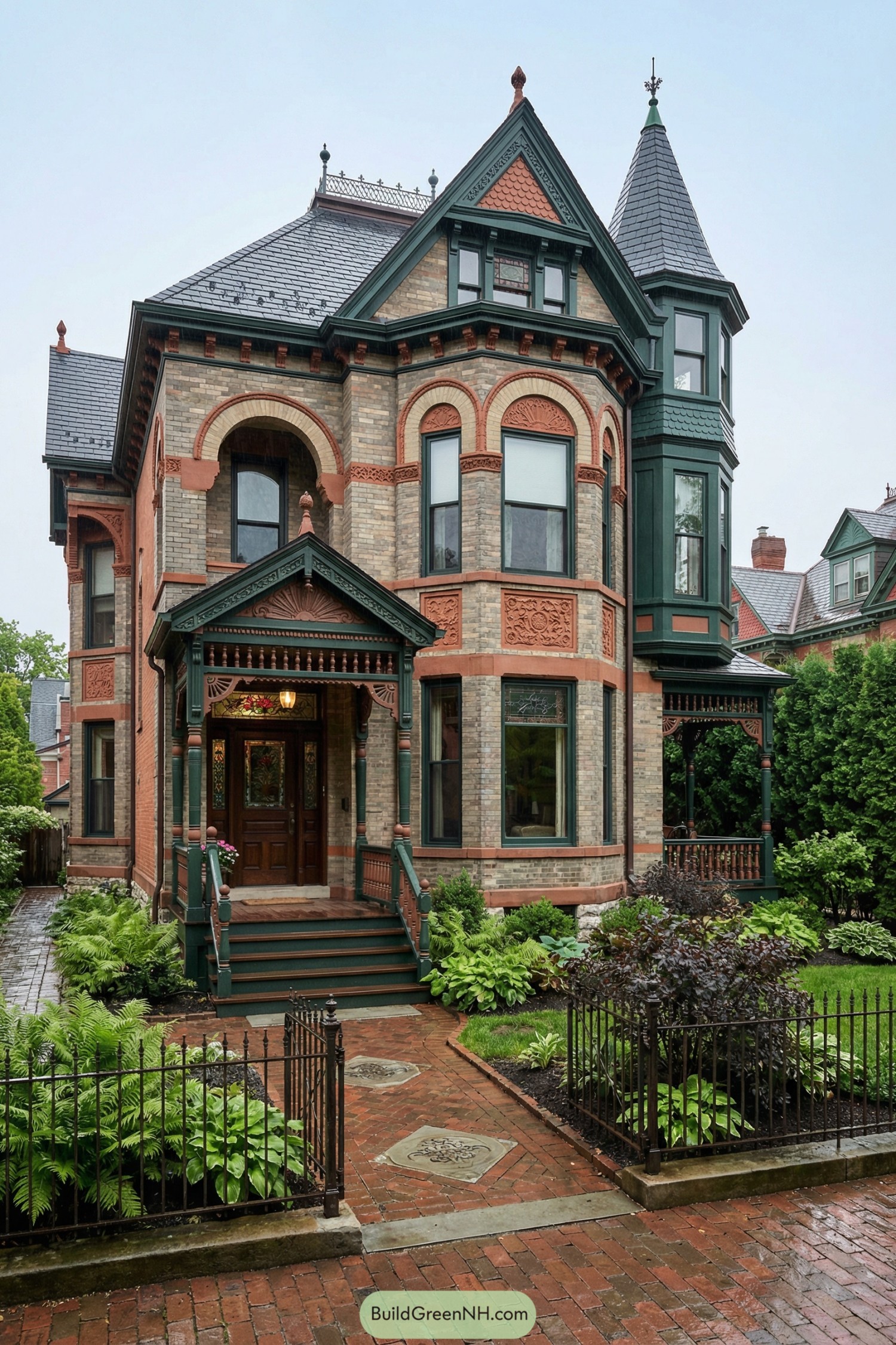Red brick Victorian house with turret, arched windows, and ornate green trim surrounded by lush garden beds