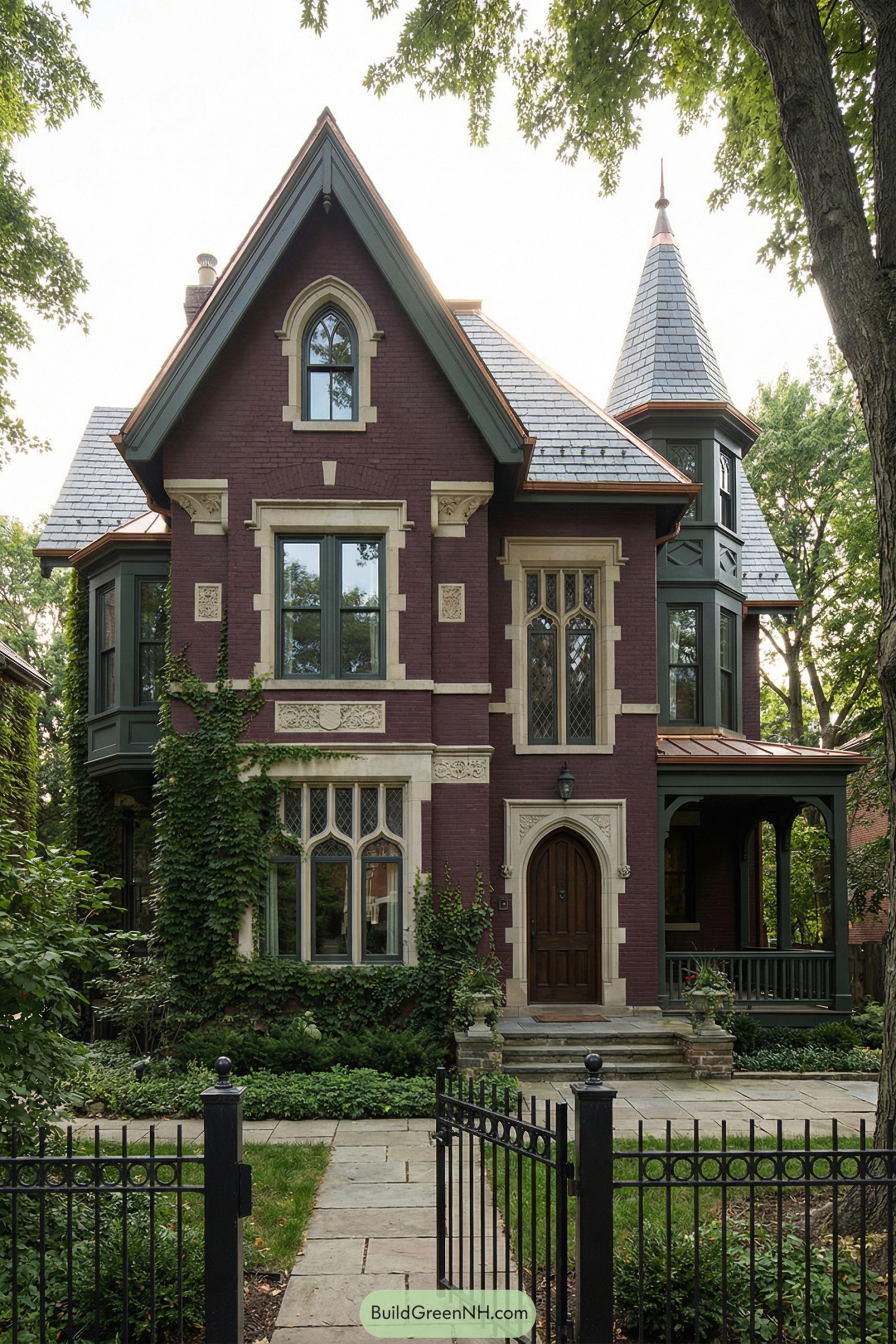 Deep red Victorian house with turret, arched windows, and ivy covered façade behind a wrought iron fence