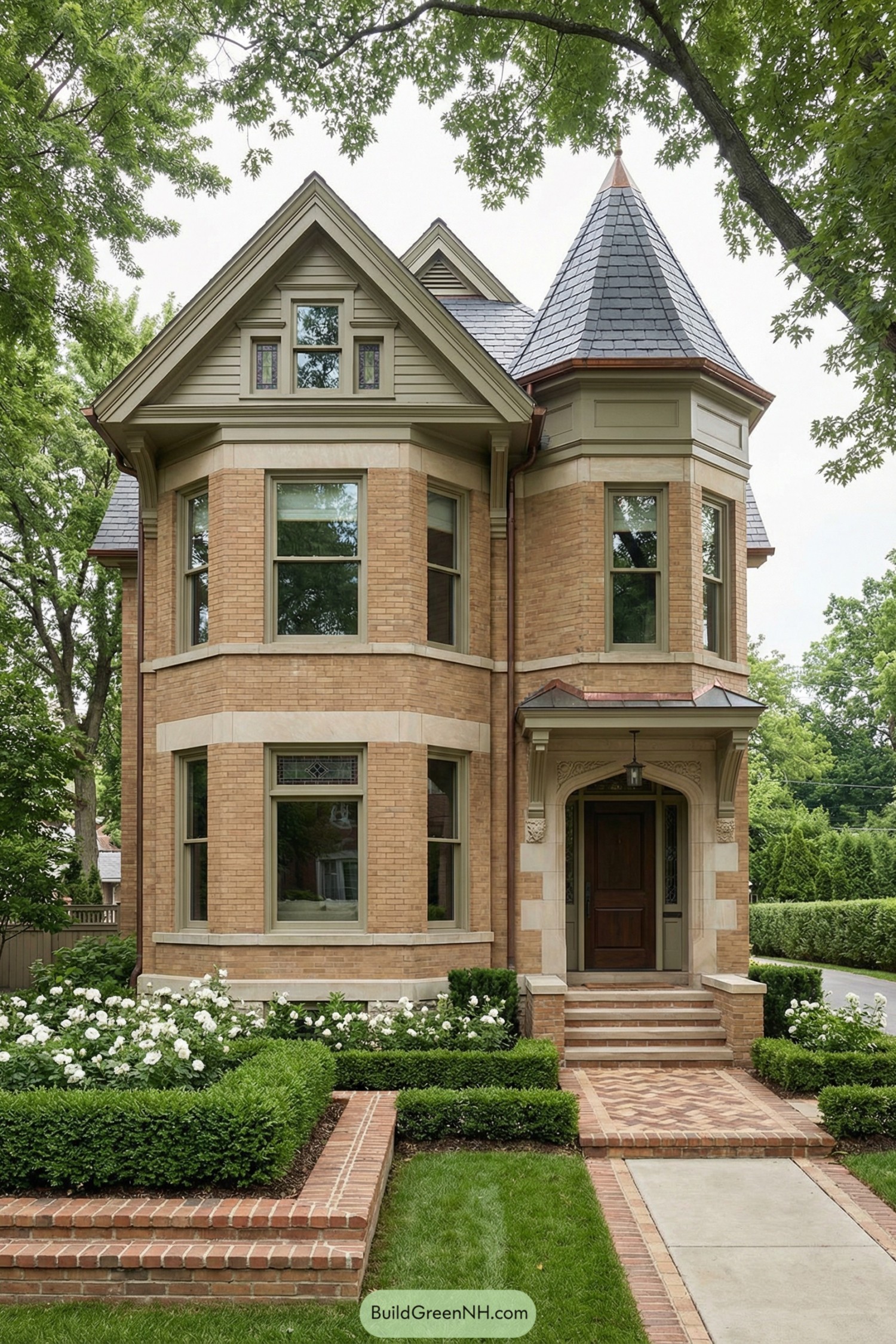 Tall brick Victorian house with conical slate turret roof, bay windows, and manicured front garden with brick paths and hedges