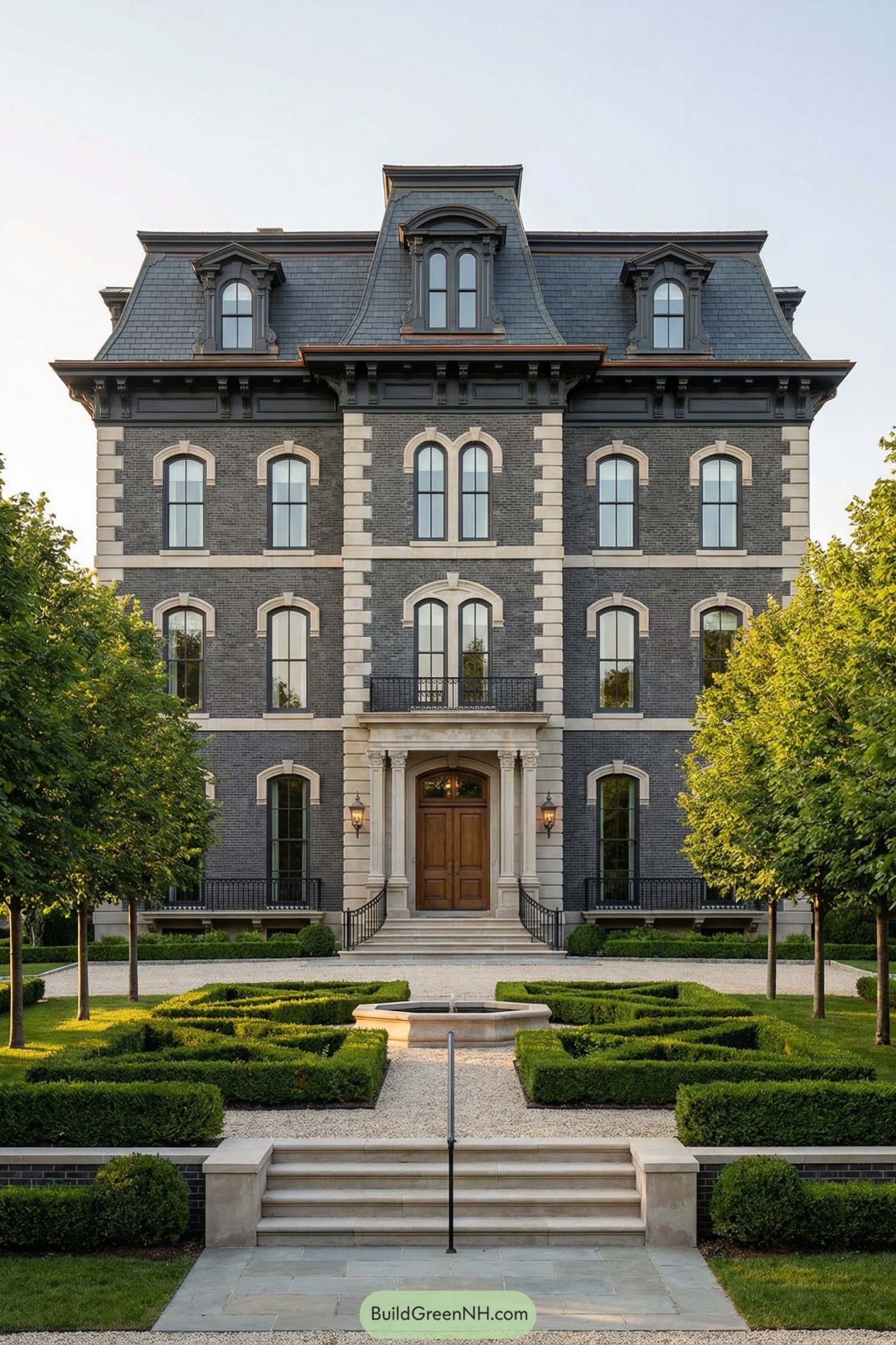 Tall dark brick Victorian mansion with formal front garden