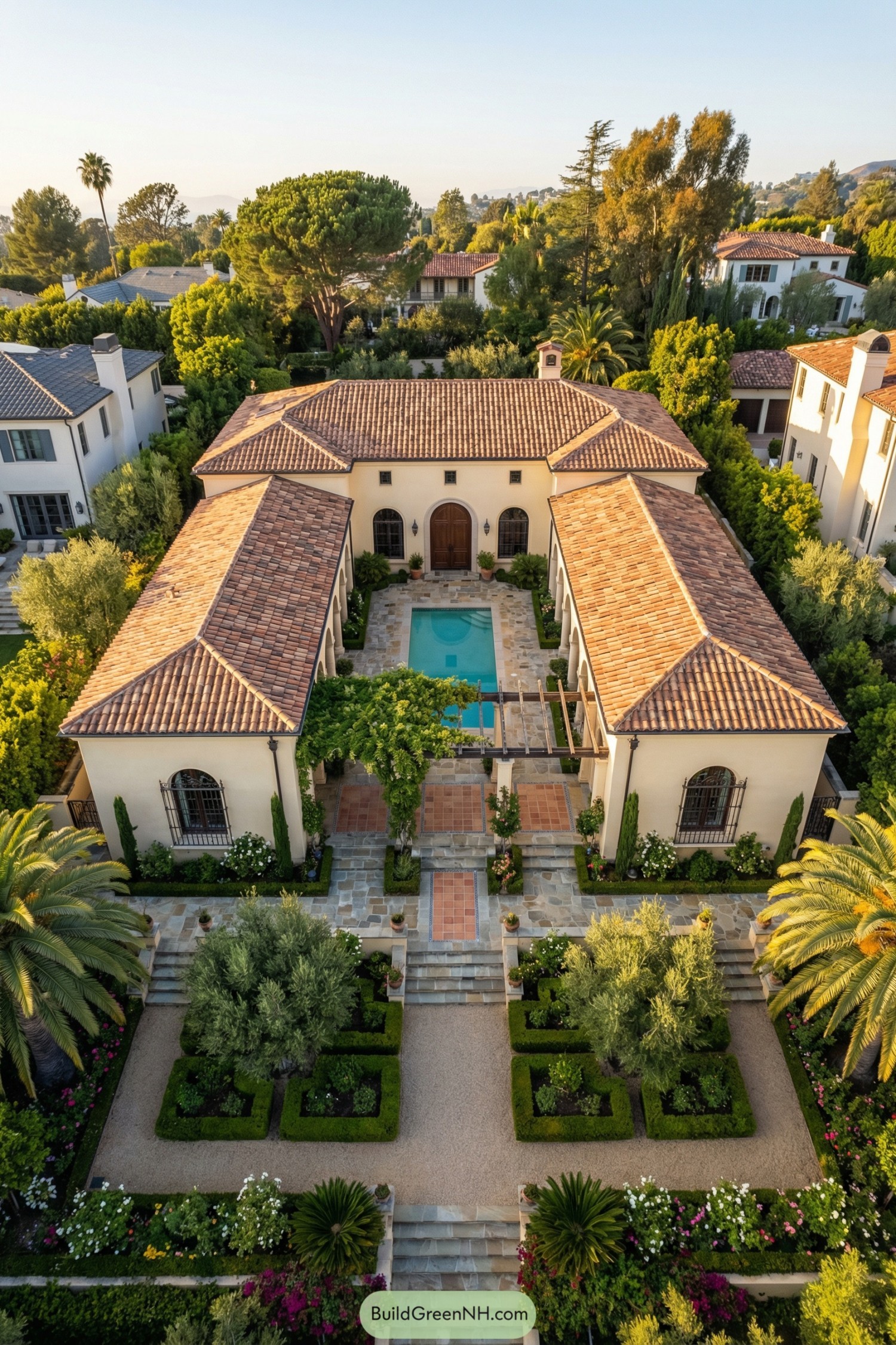 Spanish style villa with U shaped courtyard, central pool, and formal garden