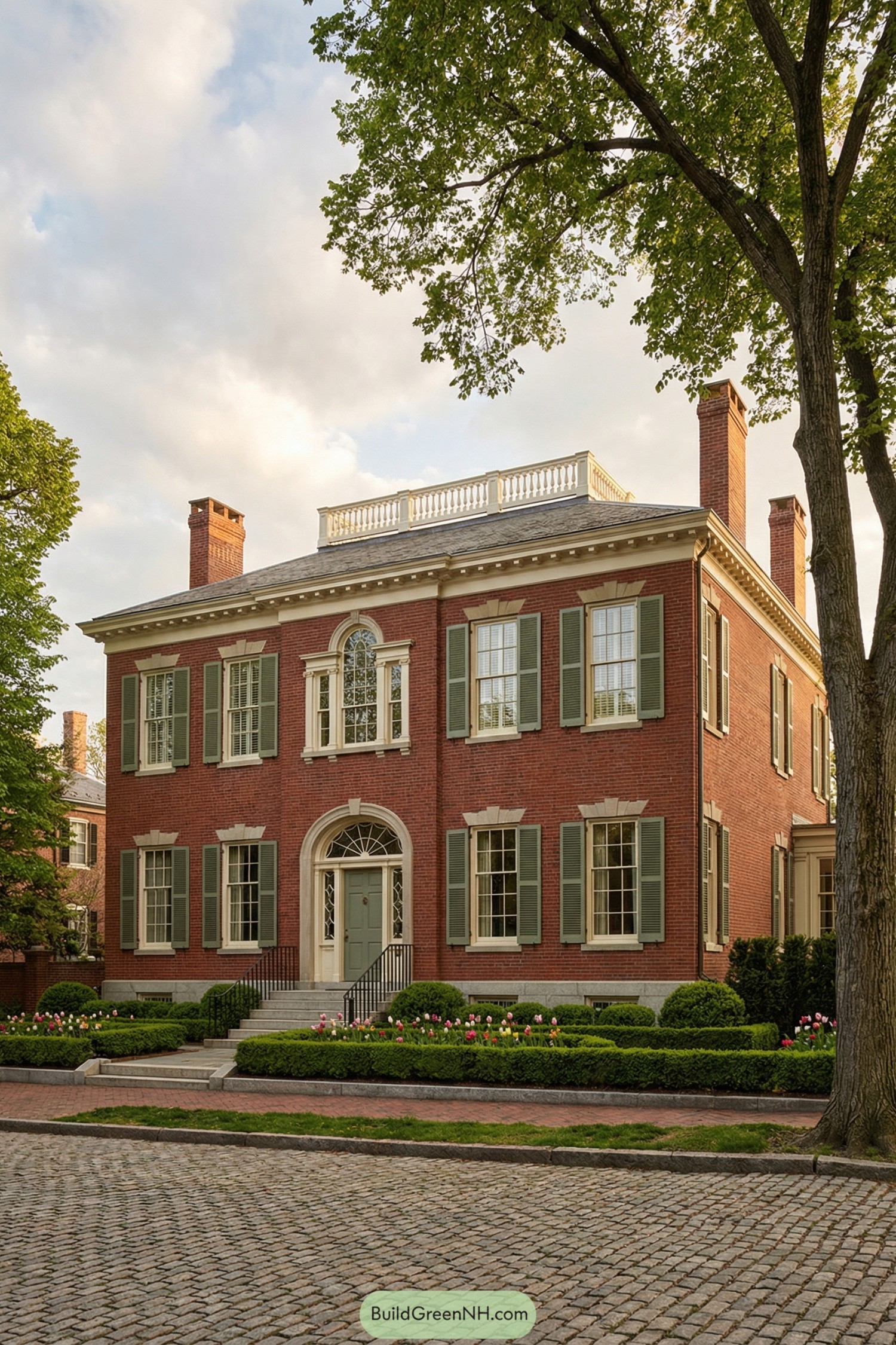Red brick town mansion with green shutters and manicured front garden