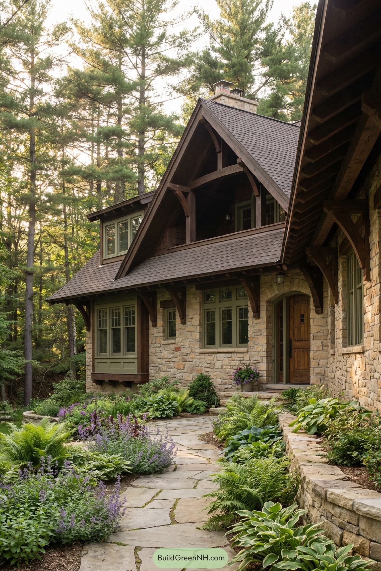 Stone and timber house with lush woodland garden path