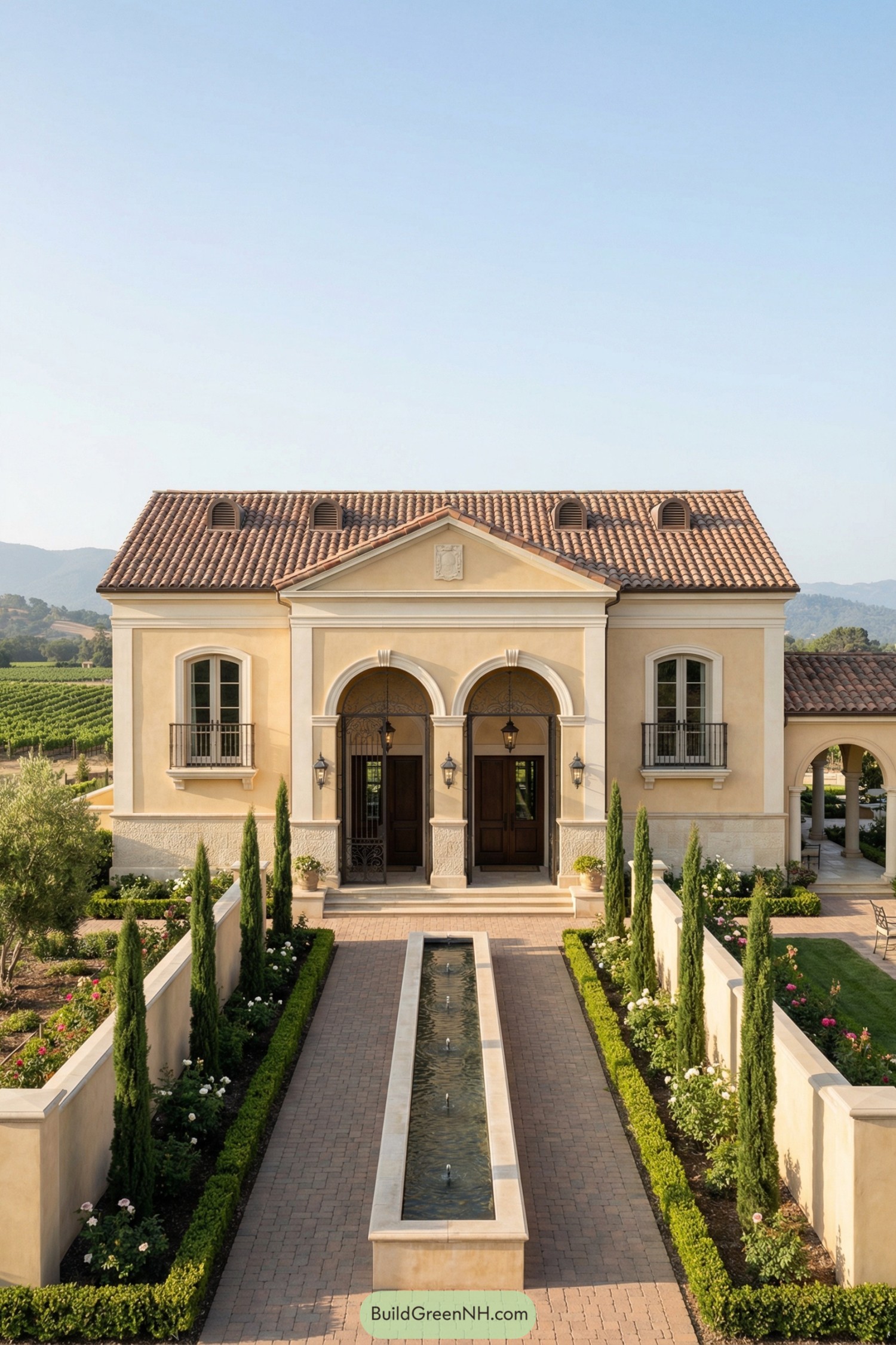 Cream stucco Spanish villa with tiled roof, long central fountain, and symmetrical cypress-lined garden walkway