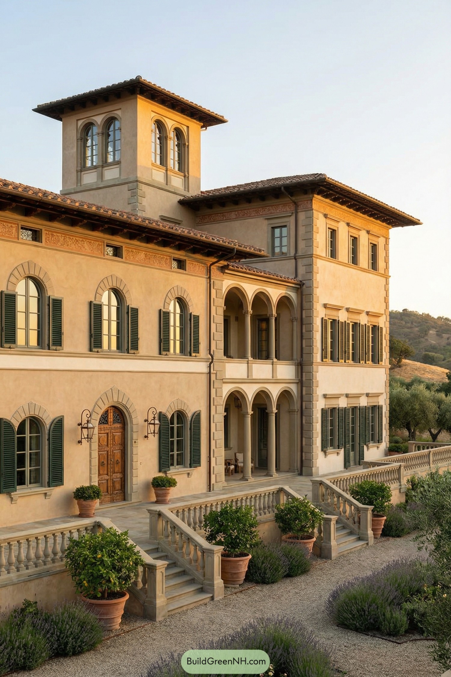 Warm stuccoed Italianate villa with arched loggias, green shutters, and formal terraces