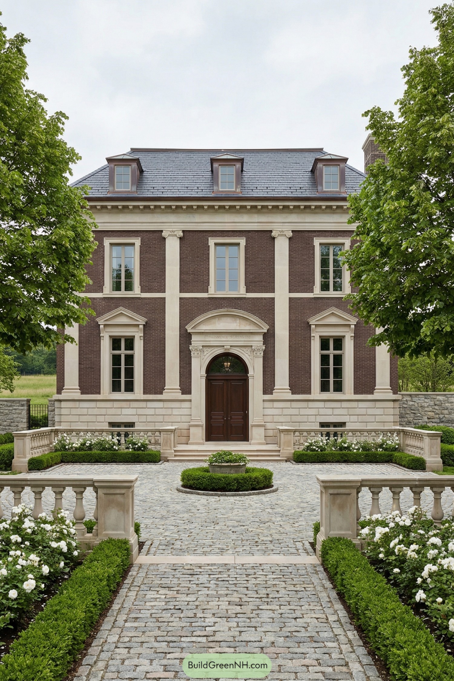 Symmetrical brick manor with limestone trim and cobbled courtyard
