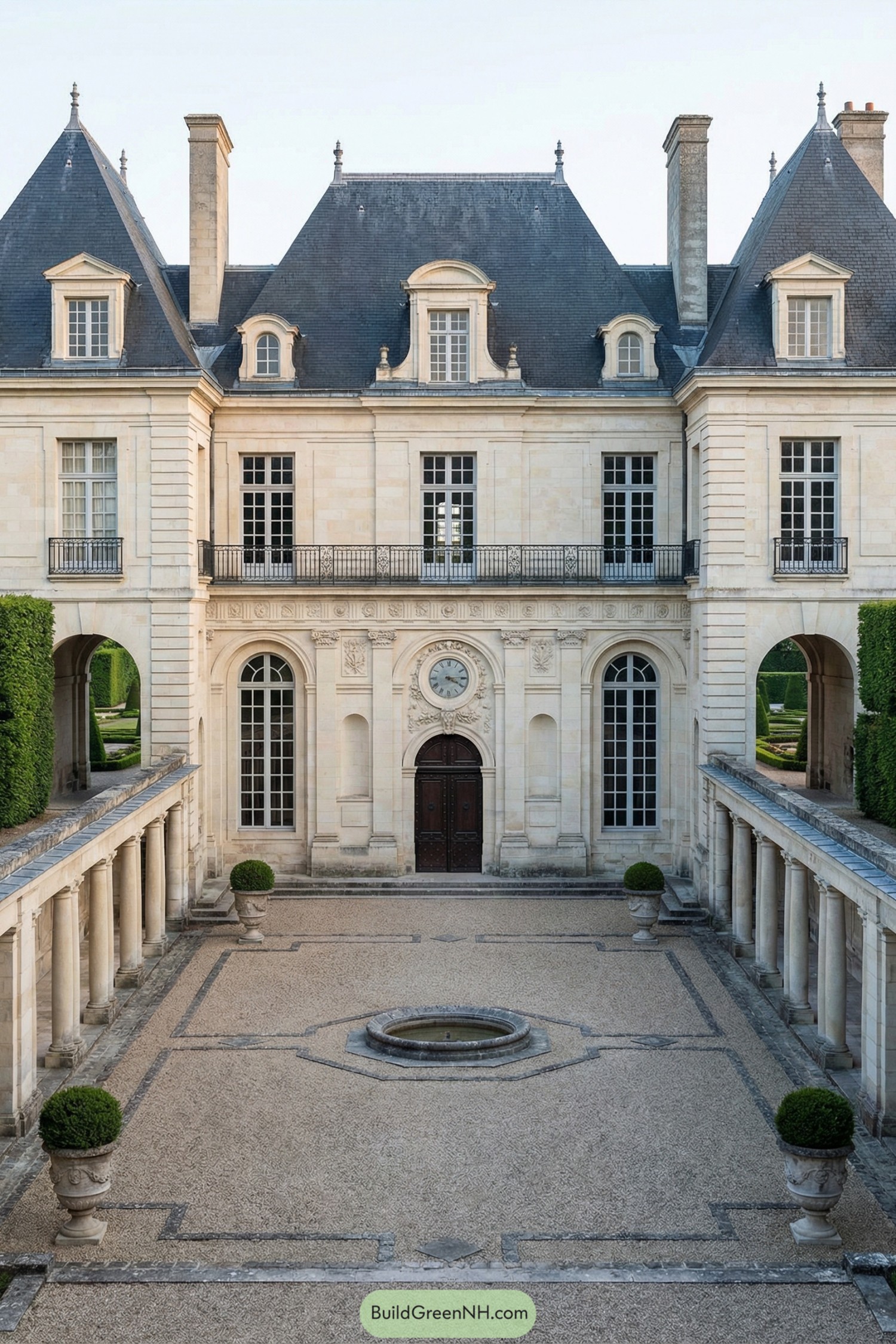 Elegant stone chateau with formal enclosed courtyard and central fountain