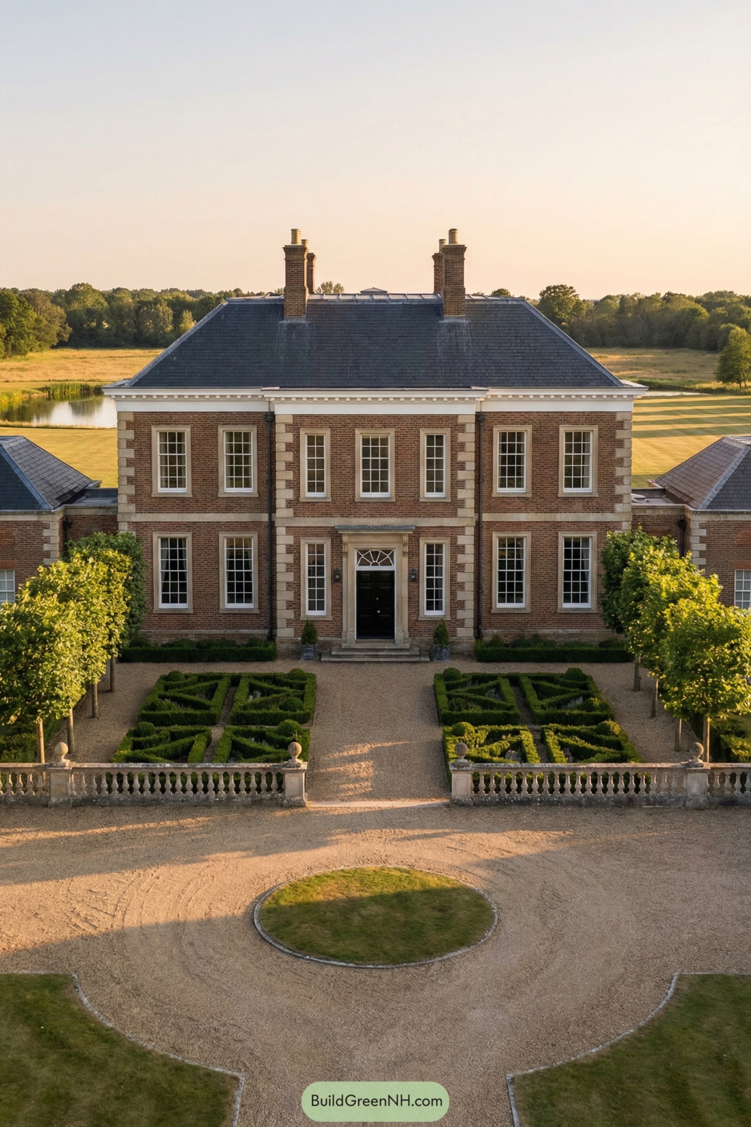 Grand brick manor with symmetrical facade and sculpted front gardens