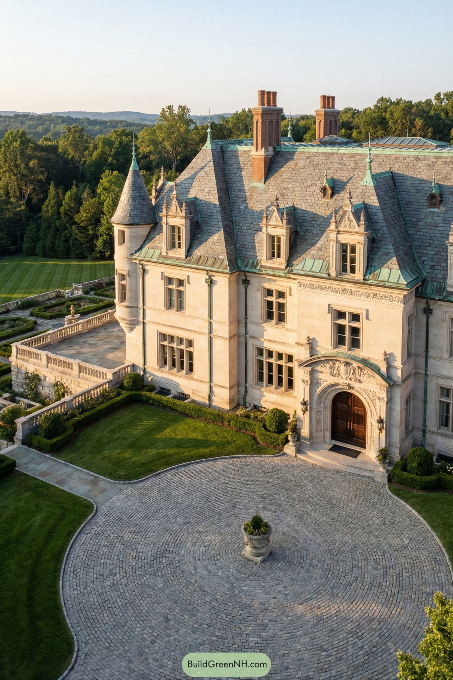Elegant limestone château with steep slate roof turrets and formal circular cobblestone drive