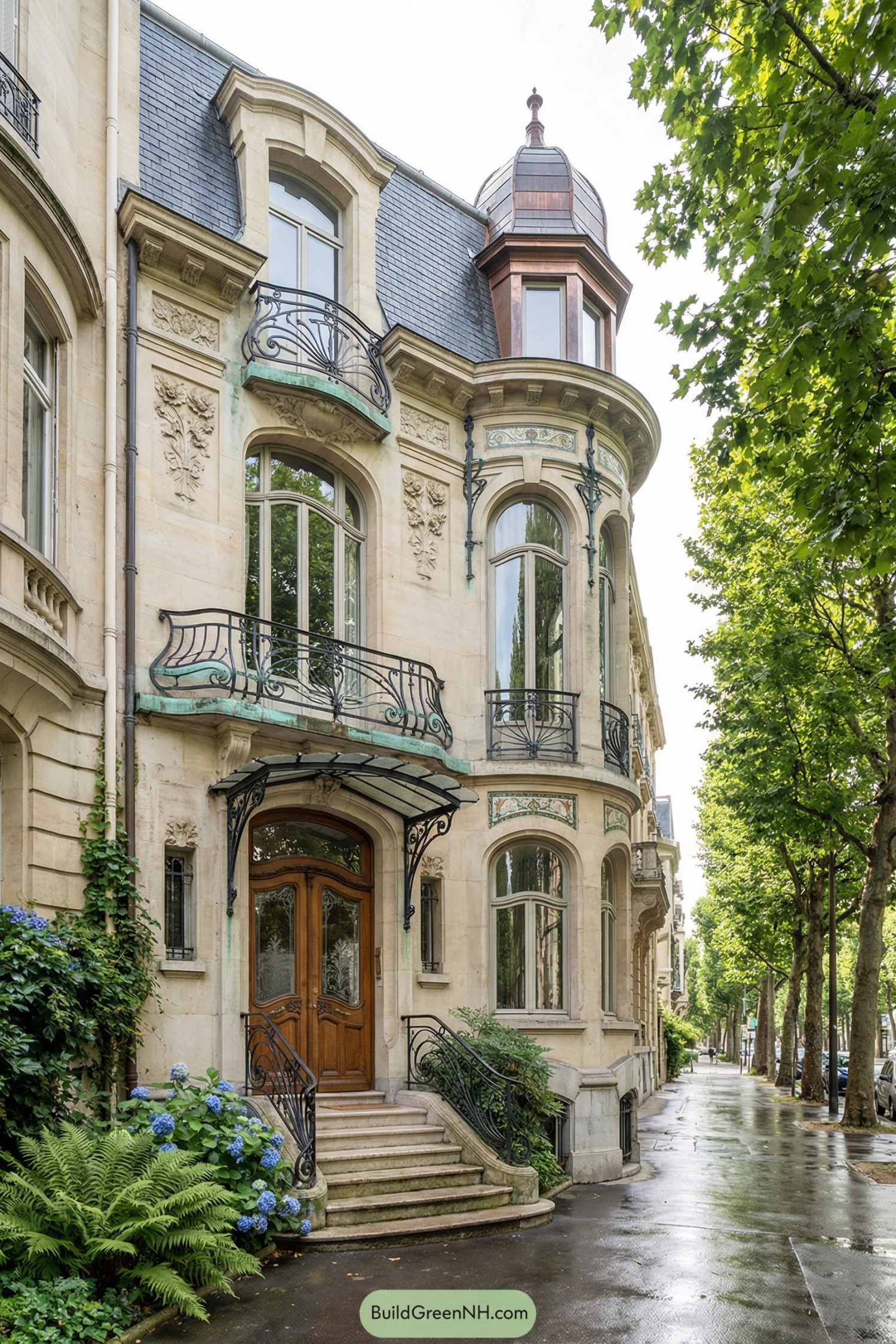 Elegant stone townhouse with turret and ornate iron balconies on a leafy city street