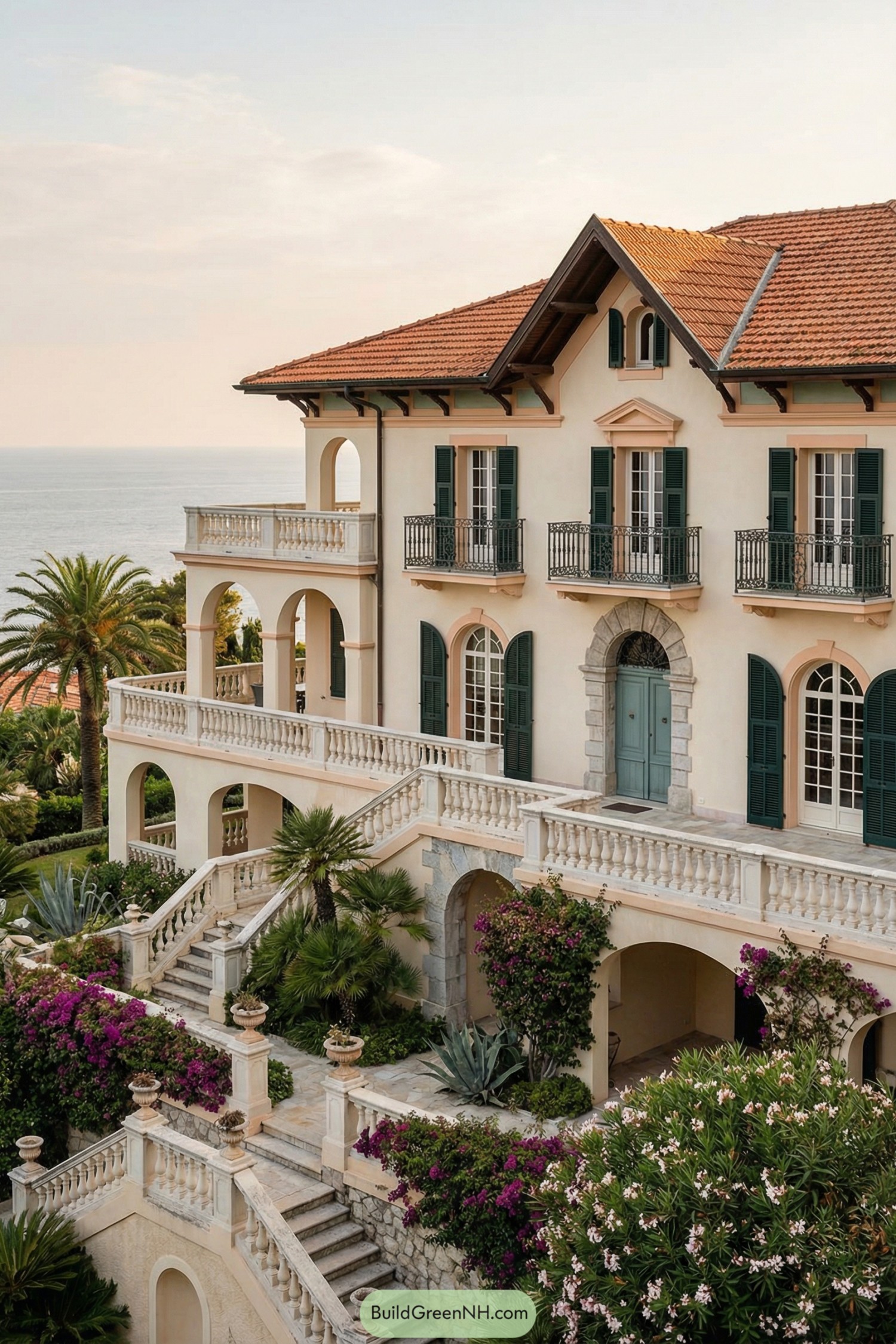 Elegant Mediterranean villa with terraced gardens overlooking the sea