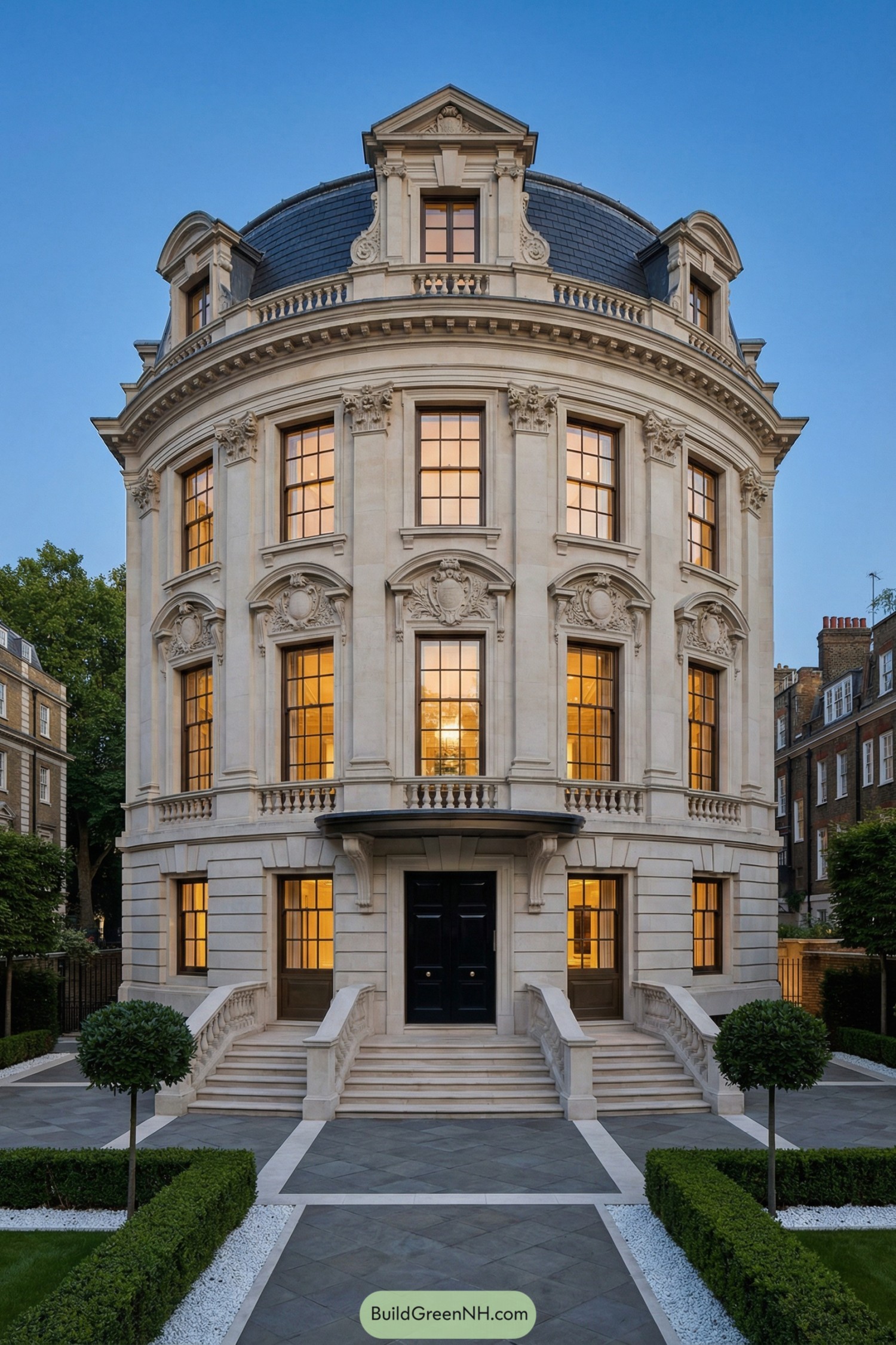 Rounded stone mansion with grand twin staircases