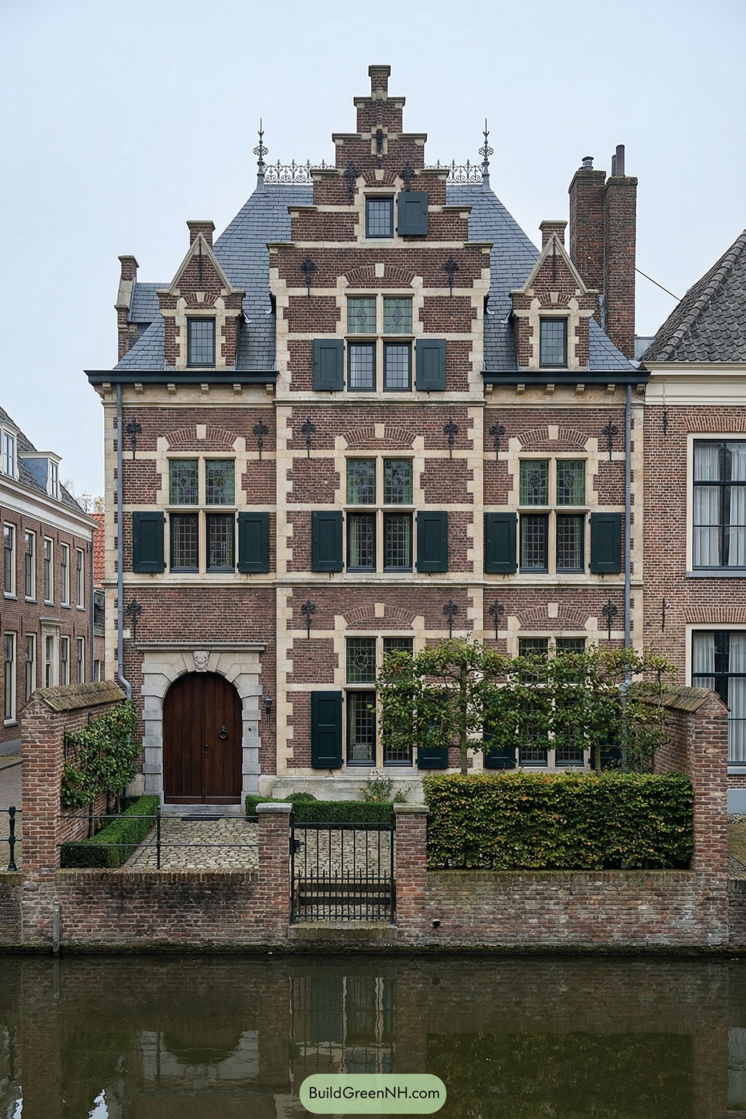 Historic brick canal house with stepped gable and green shutters