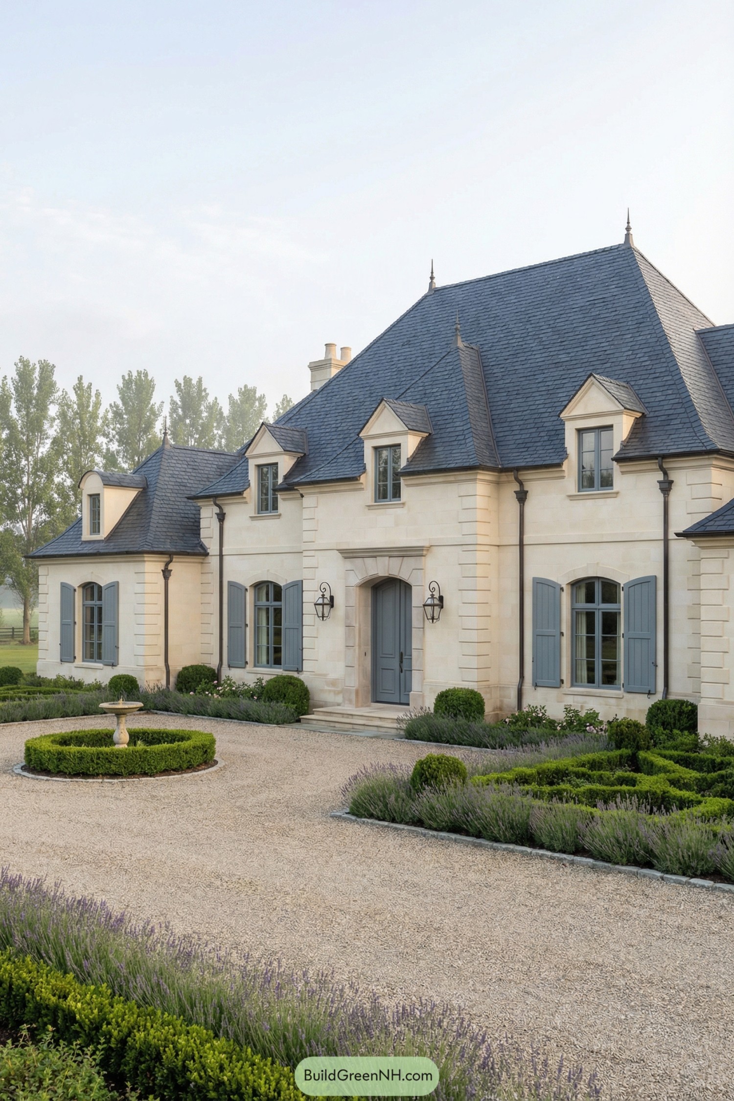 Light stone manor with blue slate roof, gray shutters, and formal gravel courtyard garden