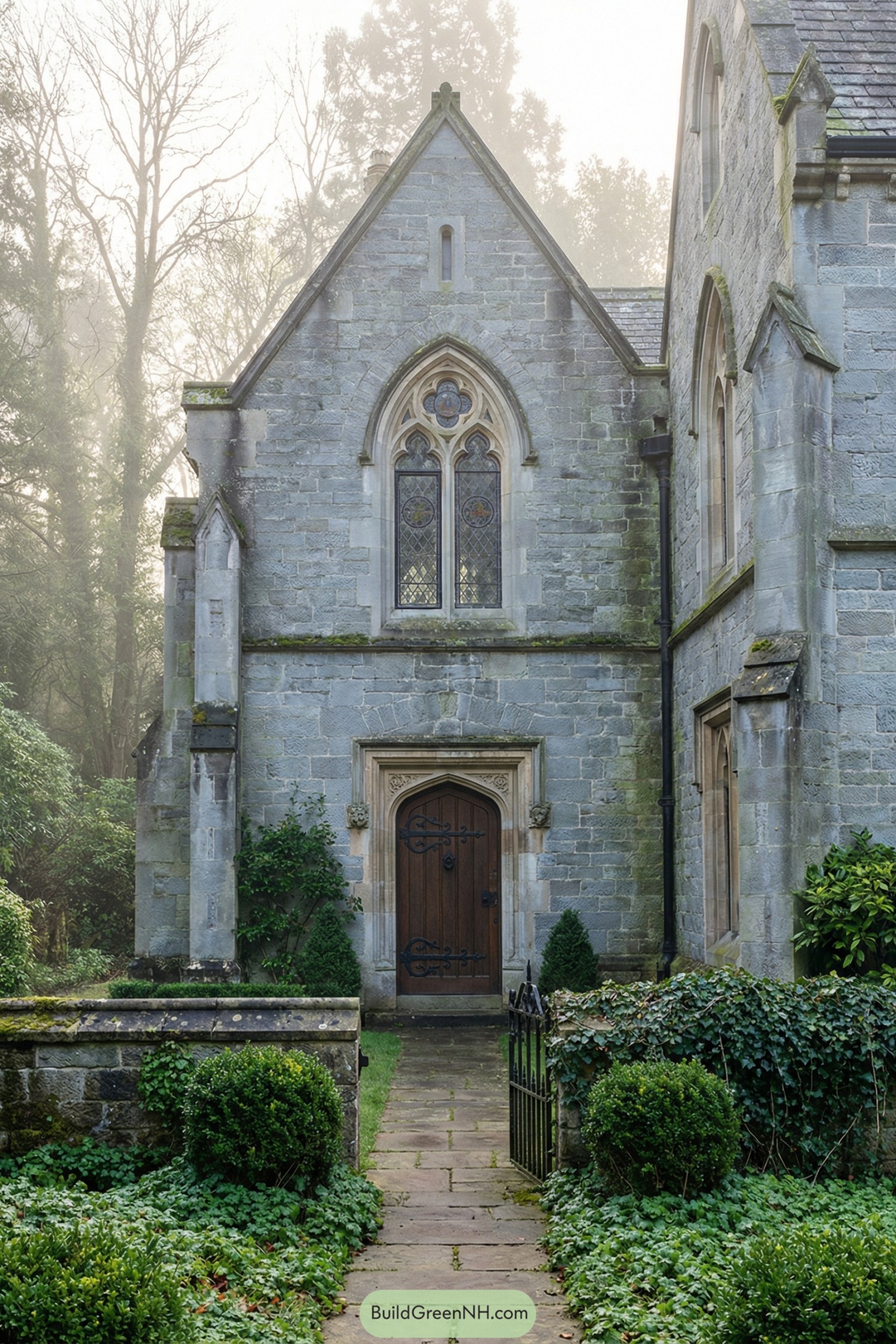 Stone Gothic cottage with pointed arches and a timber door set in a lush garden
