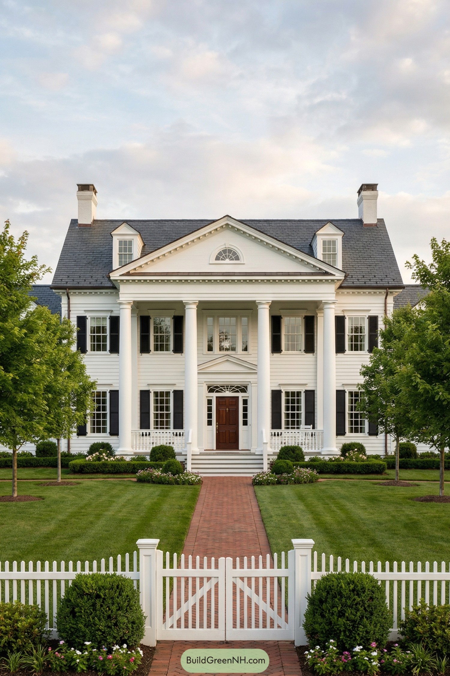 White columned mansion with brick path and picket fence