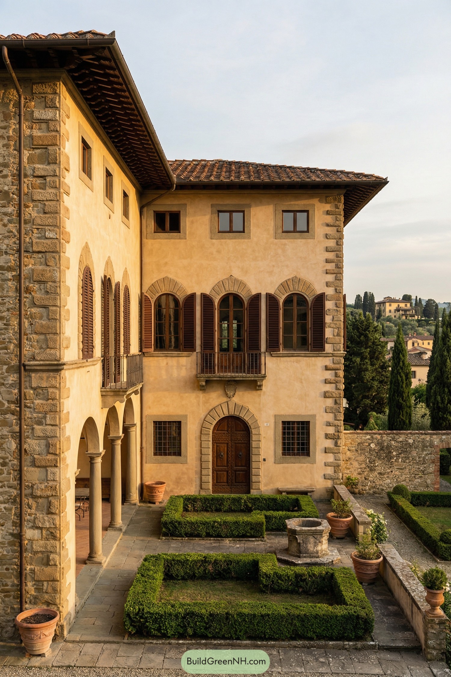 Tuscan villa with stone walls and formal garden