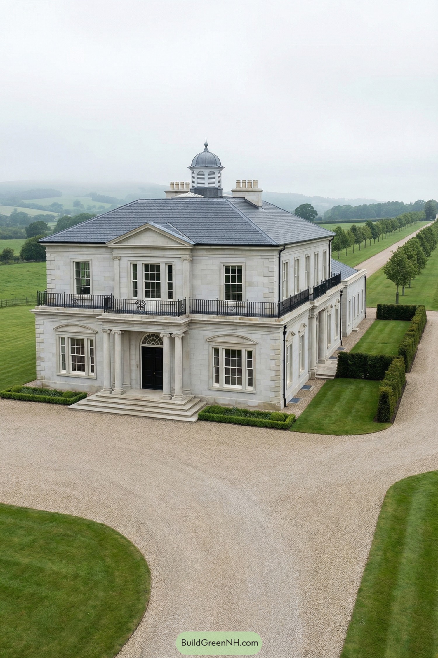 High-res photo of an Old World Money House in neoclassical country-estate style, featuring a monumental stone portico with Ionic columns, a frieze band, and a triangular pediment; cool pale-gray stone with subtle blue undertones and black iron balcony rails; a long, low rectangular mansion with a central block and shallow side wings; ashlar stonework, carved capitals, and finely jointed masonry; a shallow hipped roof in dark slate with a central cupola; large rectangular windows with thick stone architraves and divided panes; a centered double door in painted black with sidelights and a transom; wide stone steps leading to a gravel sweep bordered by low stone walls; sweeping lawn, clipped hedgerows, and a long allée of trees aligned to the entry; rolling countryside and distant hills under a high cloud ceiling; soft, even light emphasizing symmetry and calm, single real-life photo, high-resolution, architectural photography, soft lighting, cinematic composition, strictly no collages.