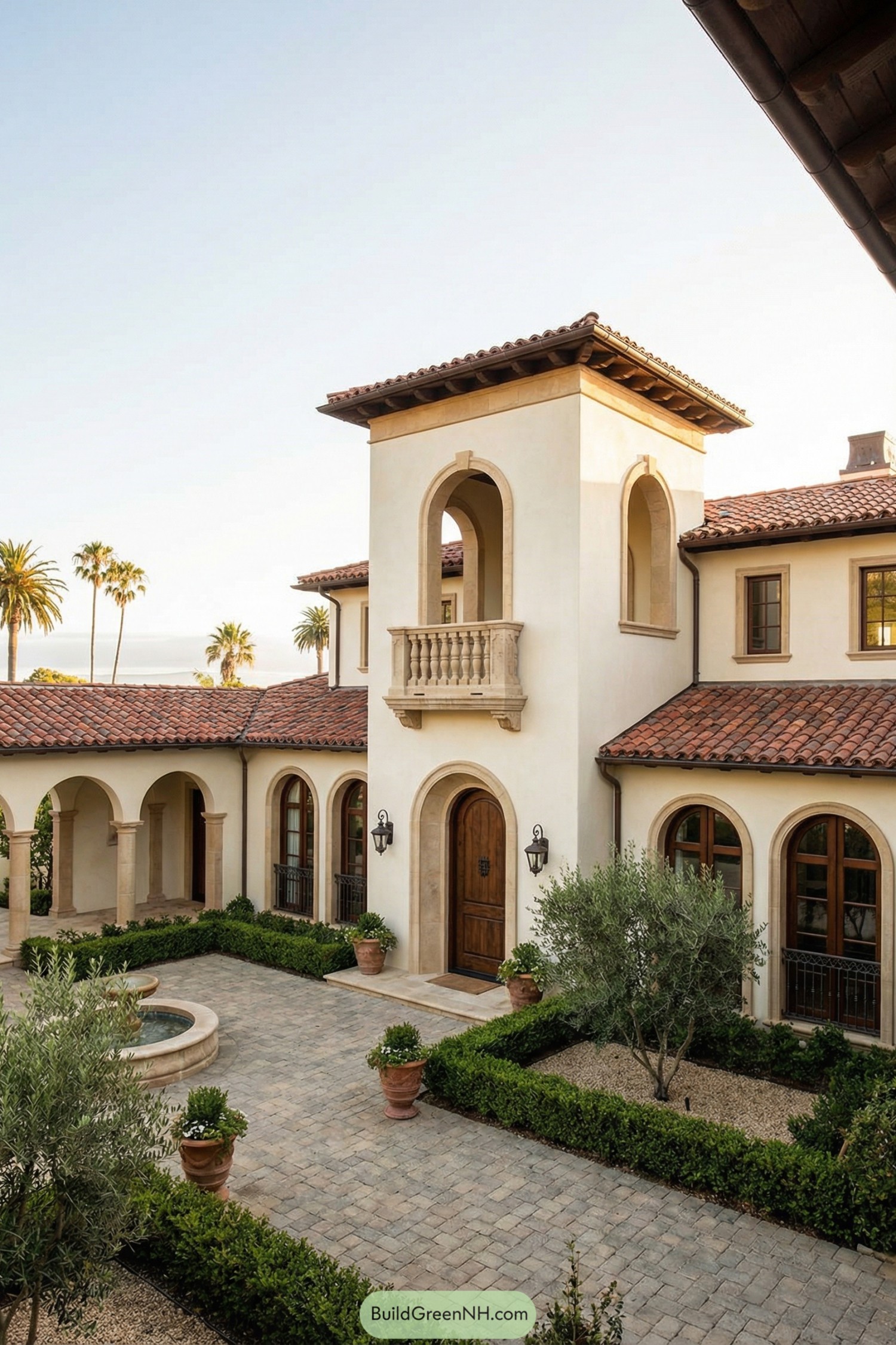 Mediterranean style home with stucco walls red tile roof and central courtyard tower