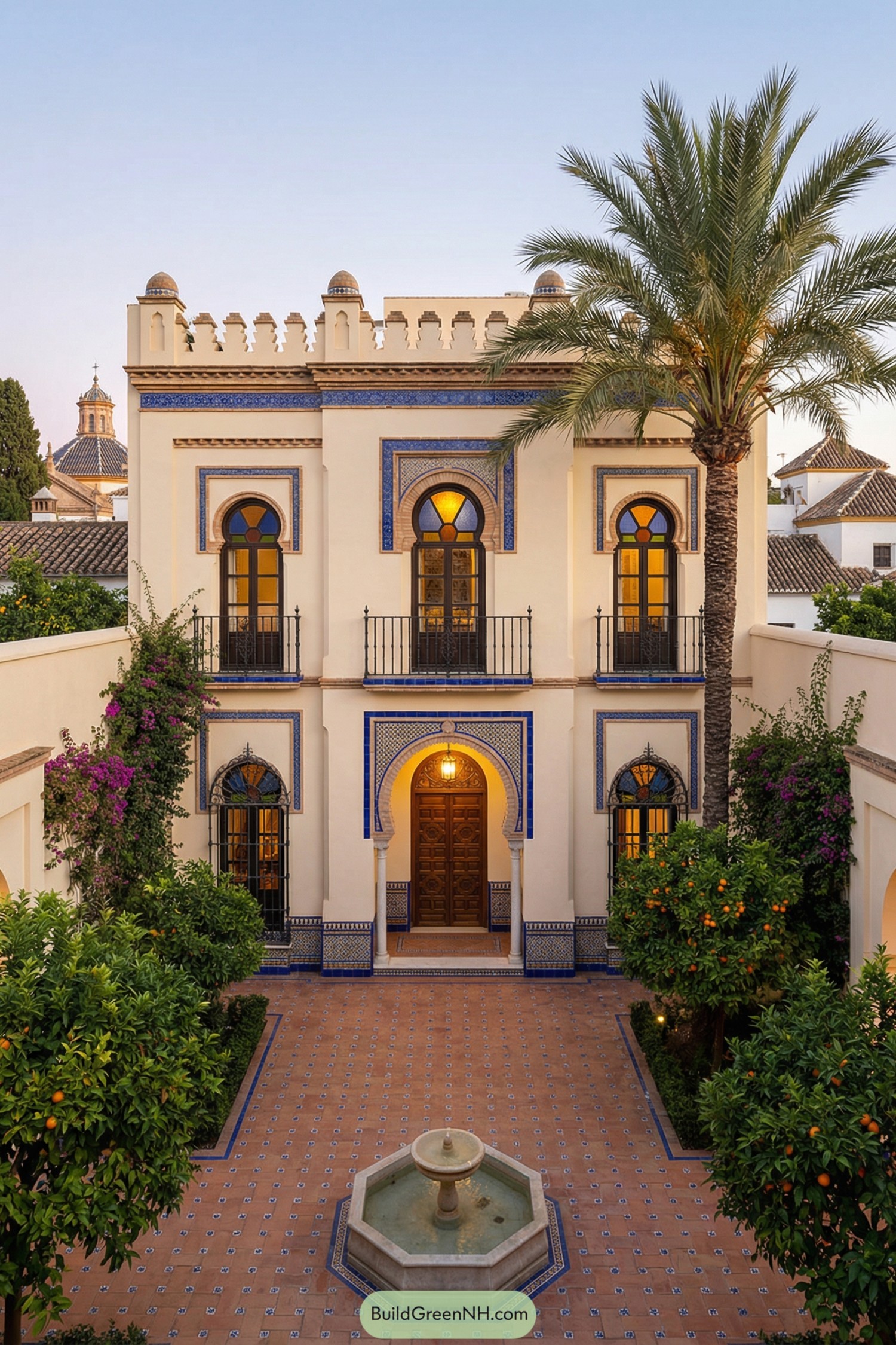 Elegant two story Moorish inspired villa with arched windows, blue tile accents, and a tiled courtyard centered on a small fountain