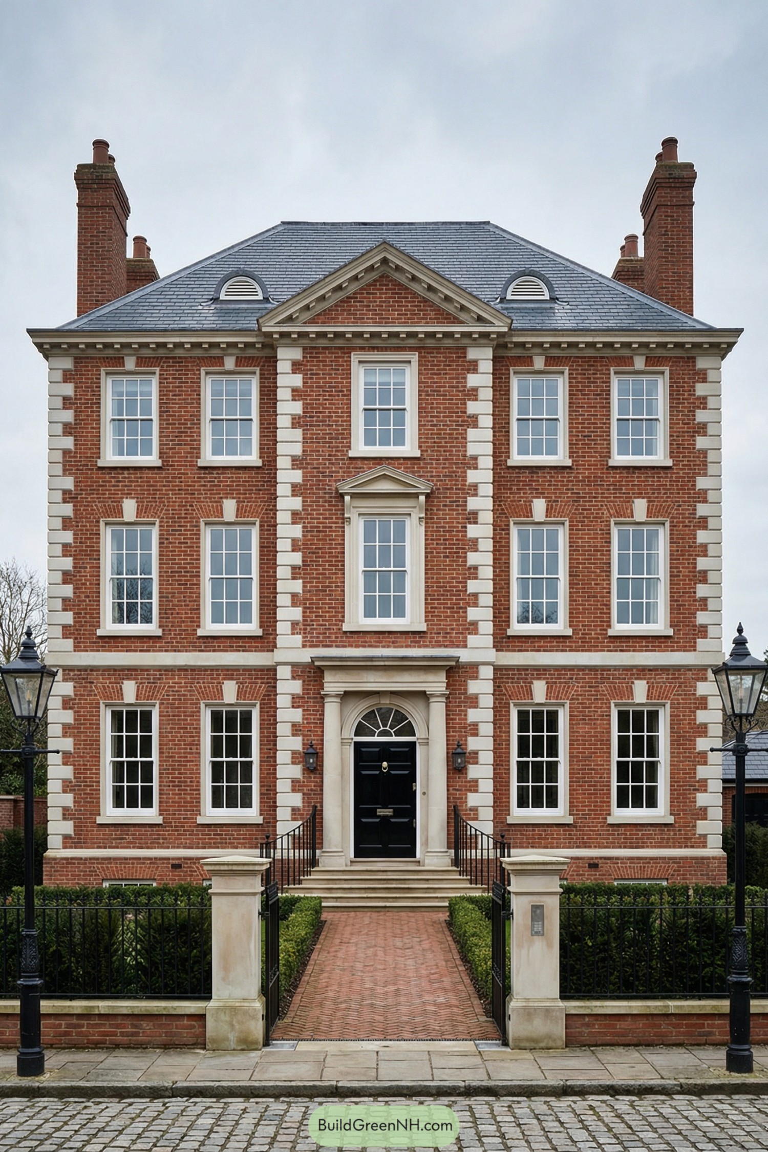 Red brick Georgian style townhouse with symmetrical windows and central entrance