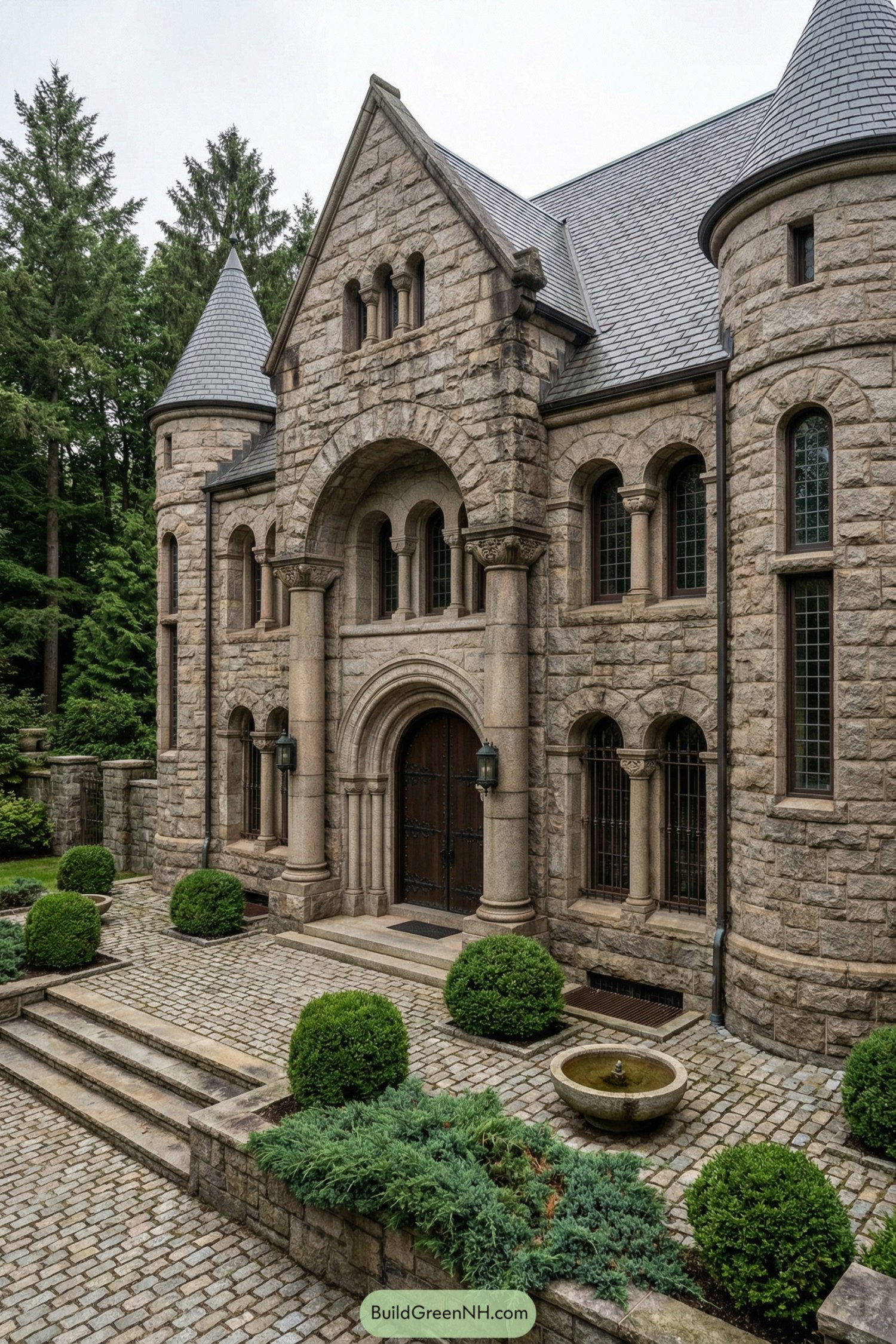 Stone mansion with round towers cobblestone courtyard and arched entry