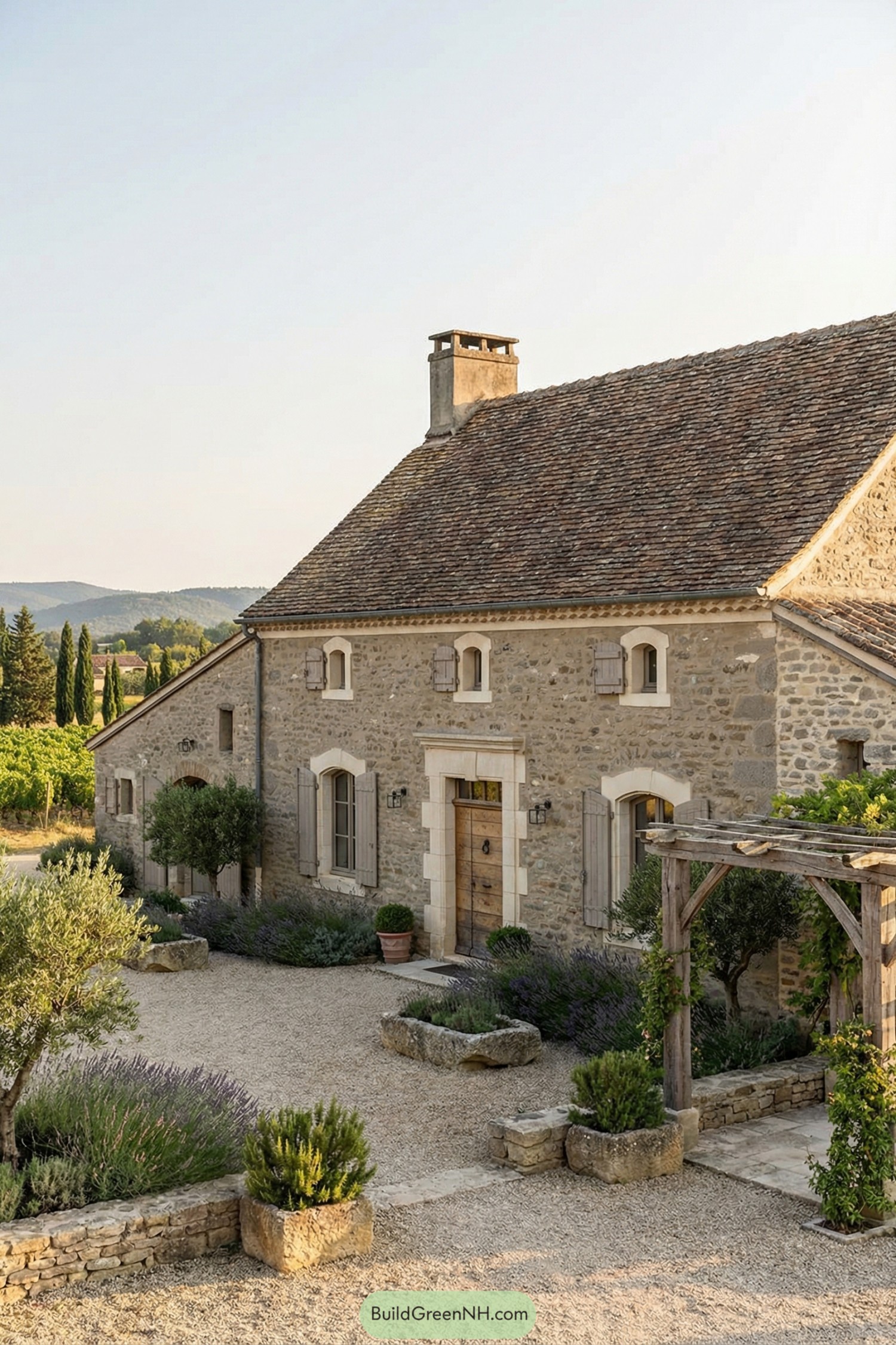 Stone farmhouse with tile roof and gravel courtyard surrounded by lavender and vineyards