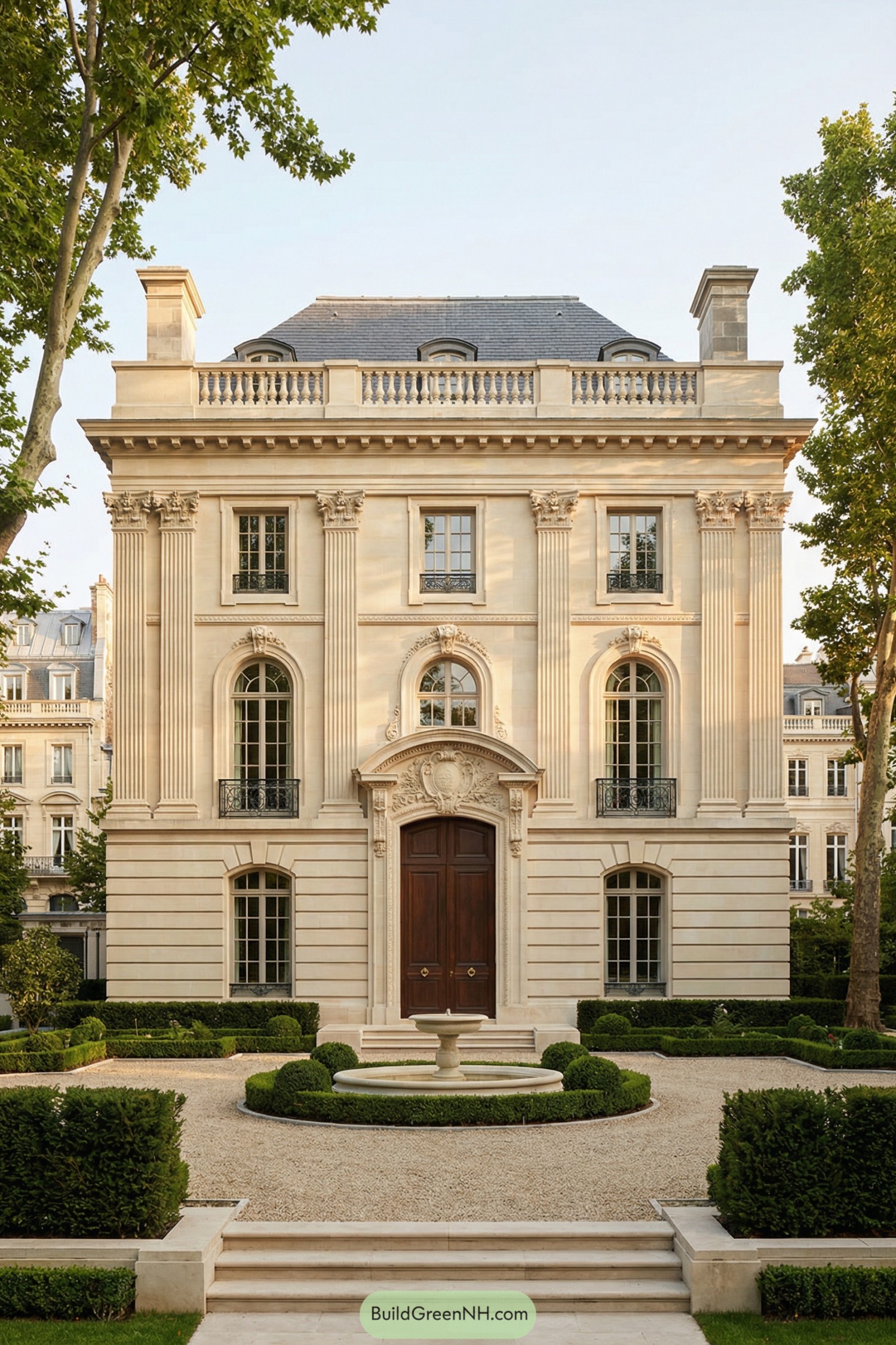 Elegant stone mansion with grand entry courtyard