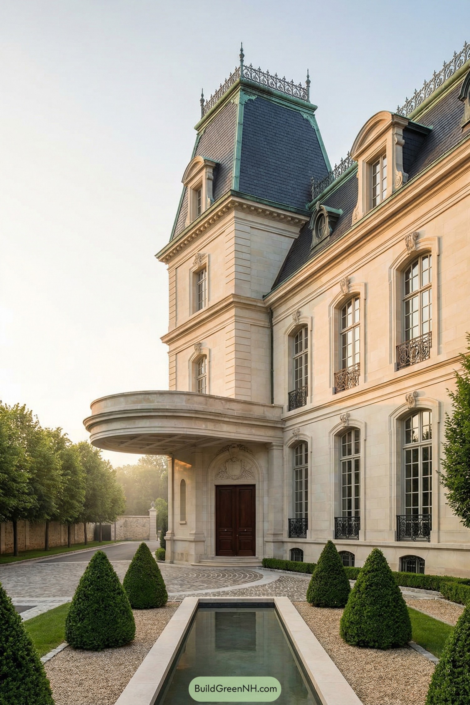 Elegant stone mansion with mansard roof and formal entry court