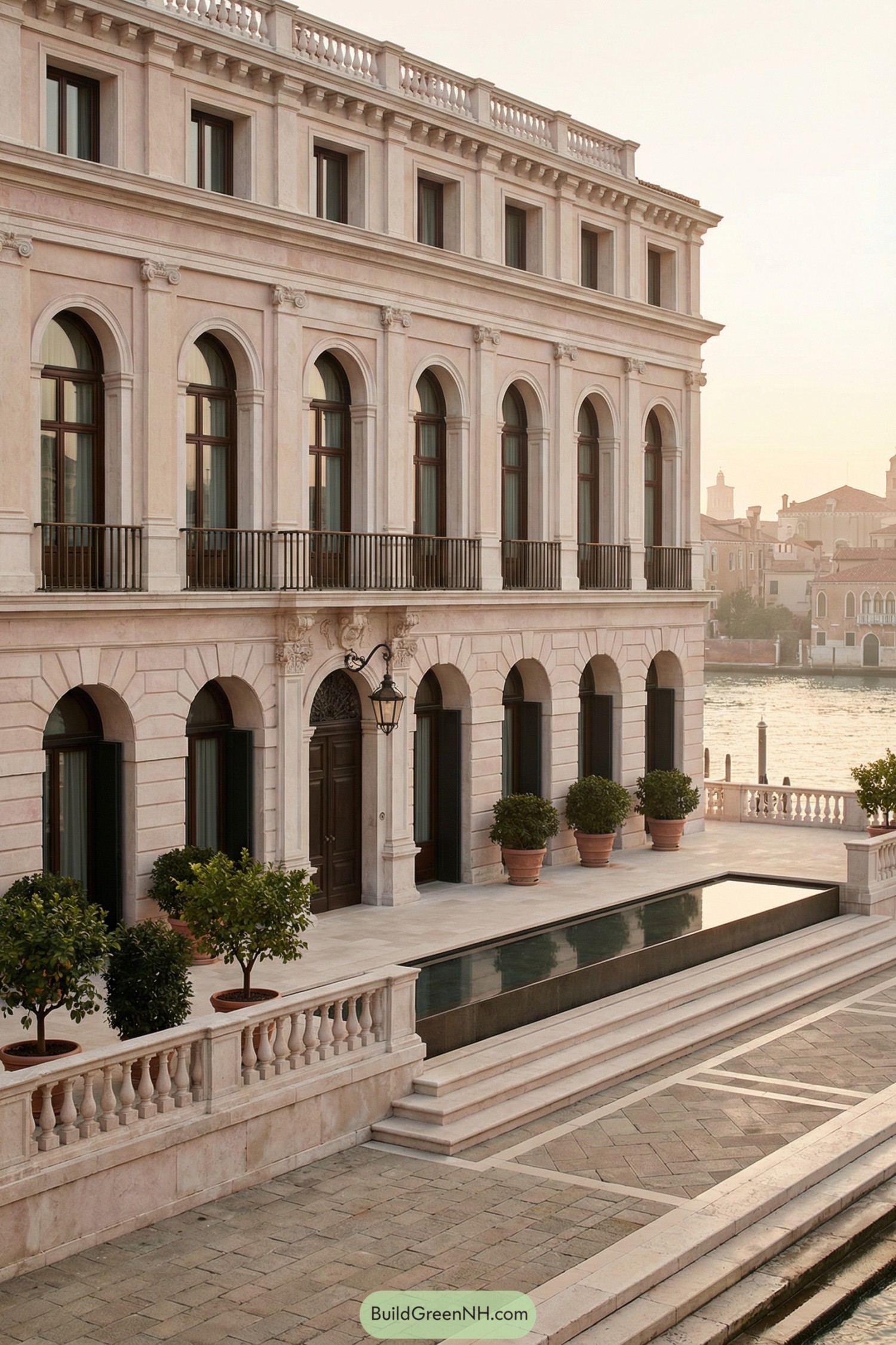 Elegant stone waterfront palazzo with arched windows