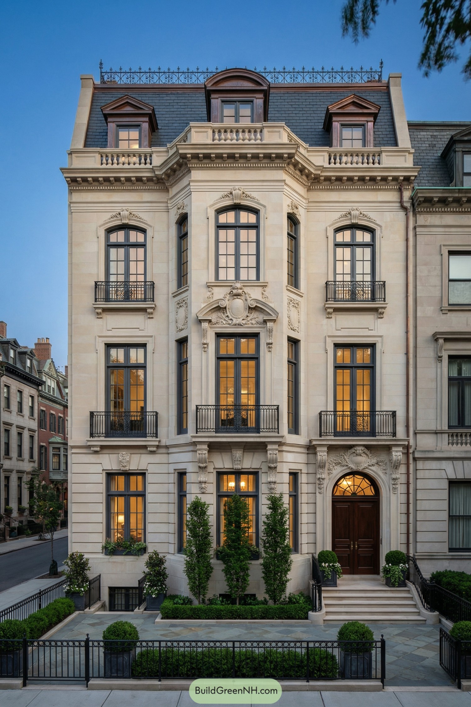 Elegant multi‑story limestone townhouse with ornate façades and tall windows