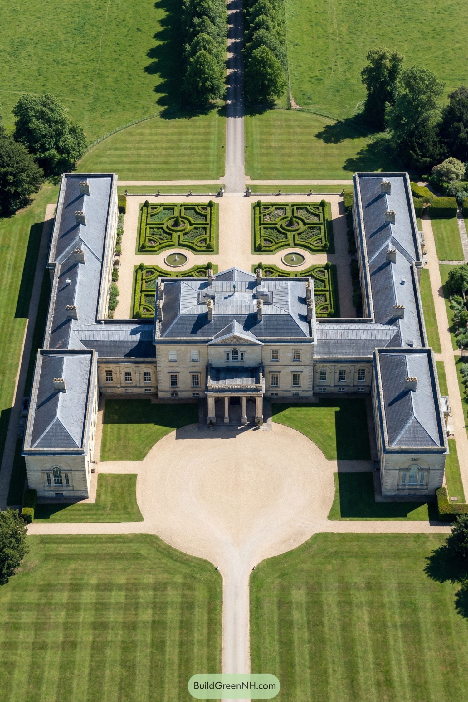 Aerial view of a grand U shaped neoclassical manor with formal parterre gardens and a long tree lined drive