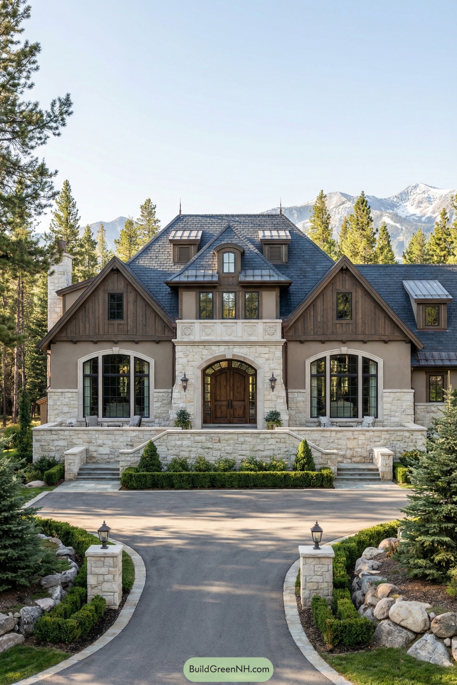 Mountain estate with stone façade and steep slate roof framed by evergreens