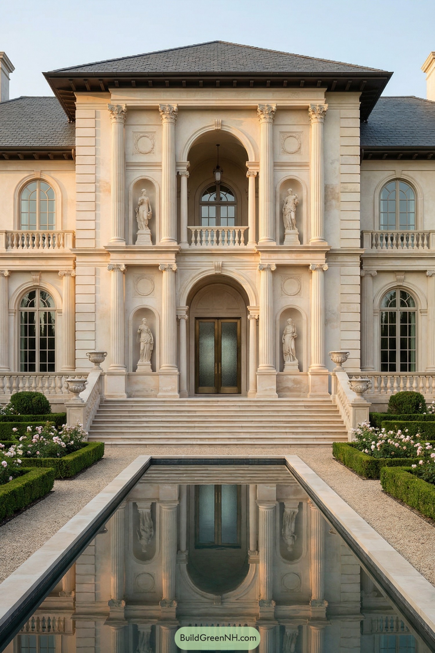 Grand limestone mansion with statues, columns, and reflecting pool