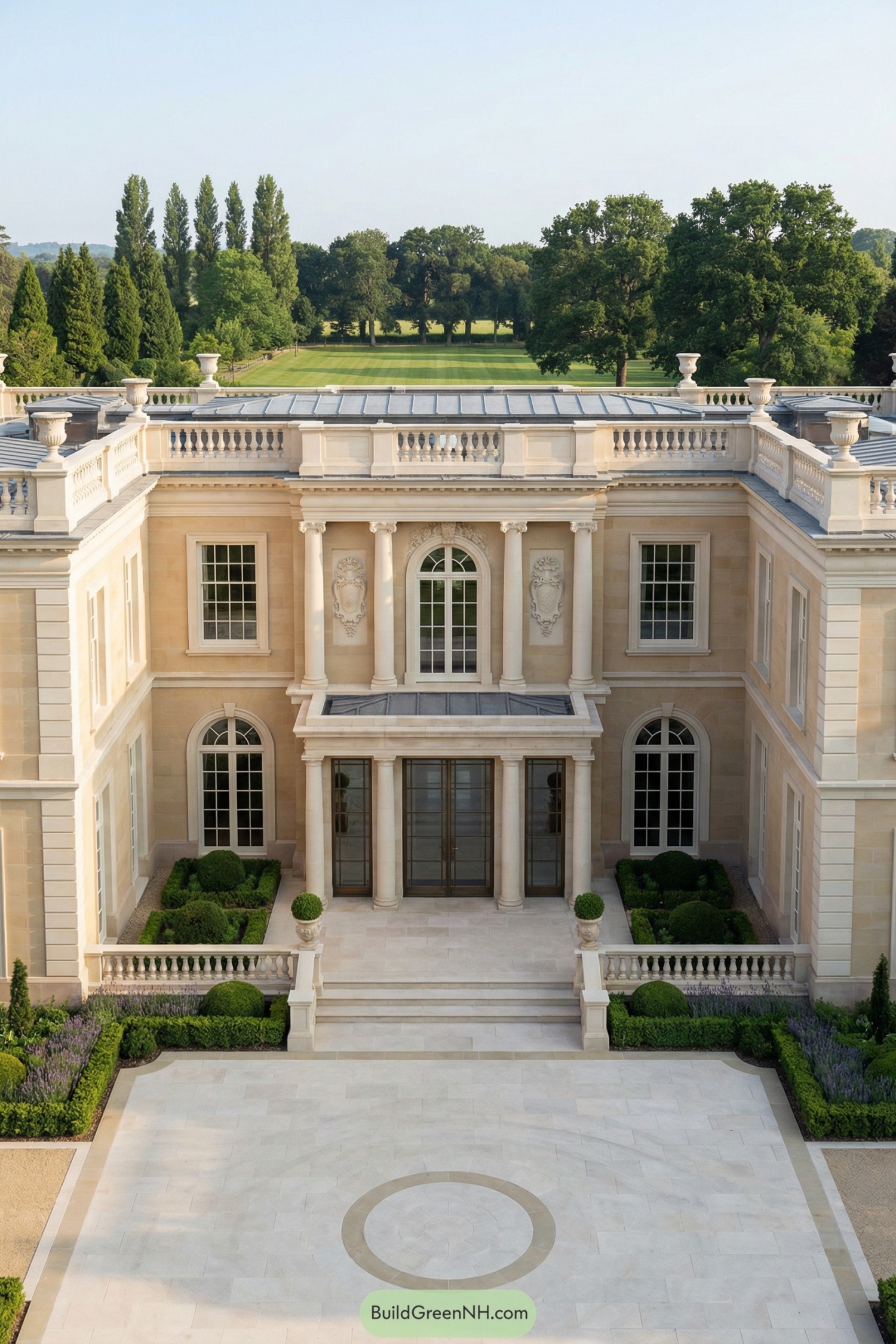 Grand cream stone mansion with formal courtyard