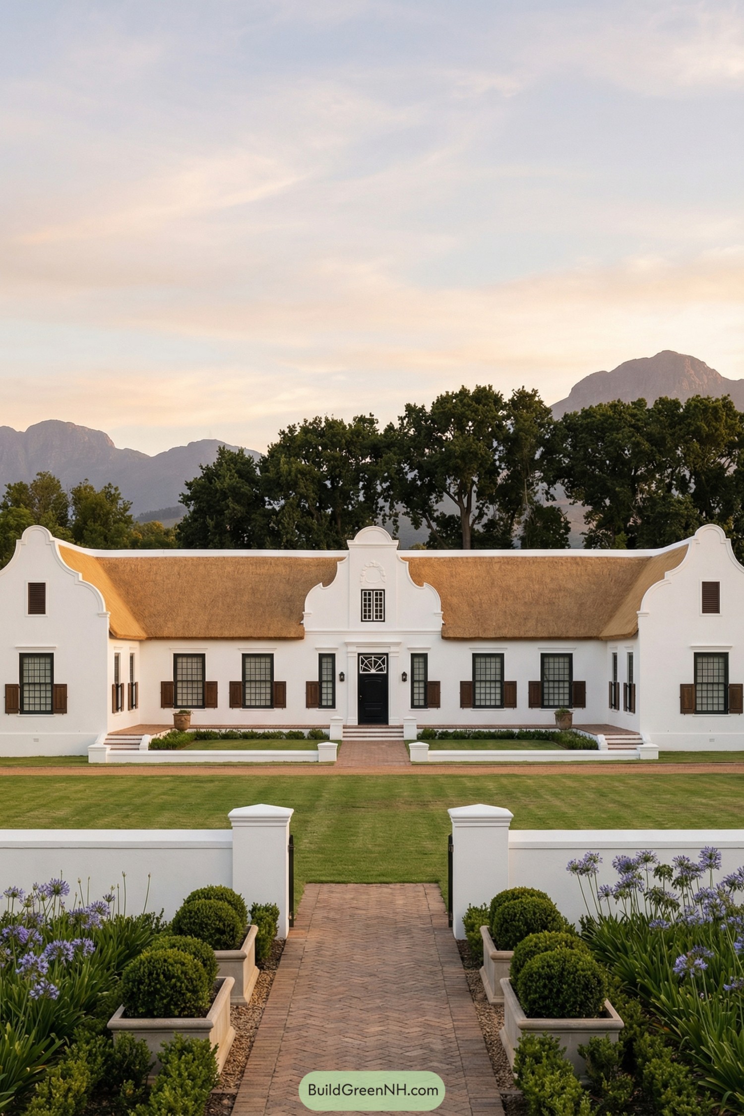 Whitewashed Cape Dutch manor with thatched roof and formal garden path