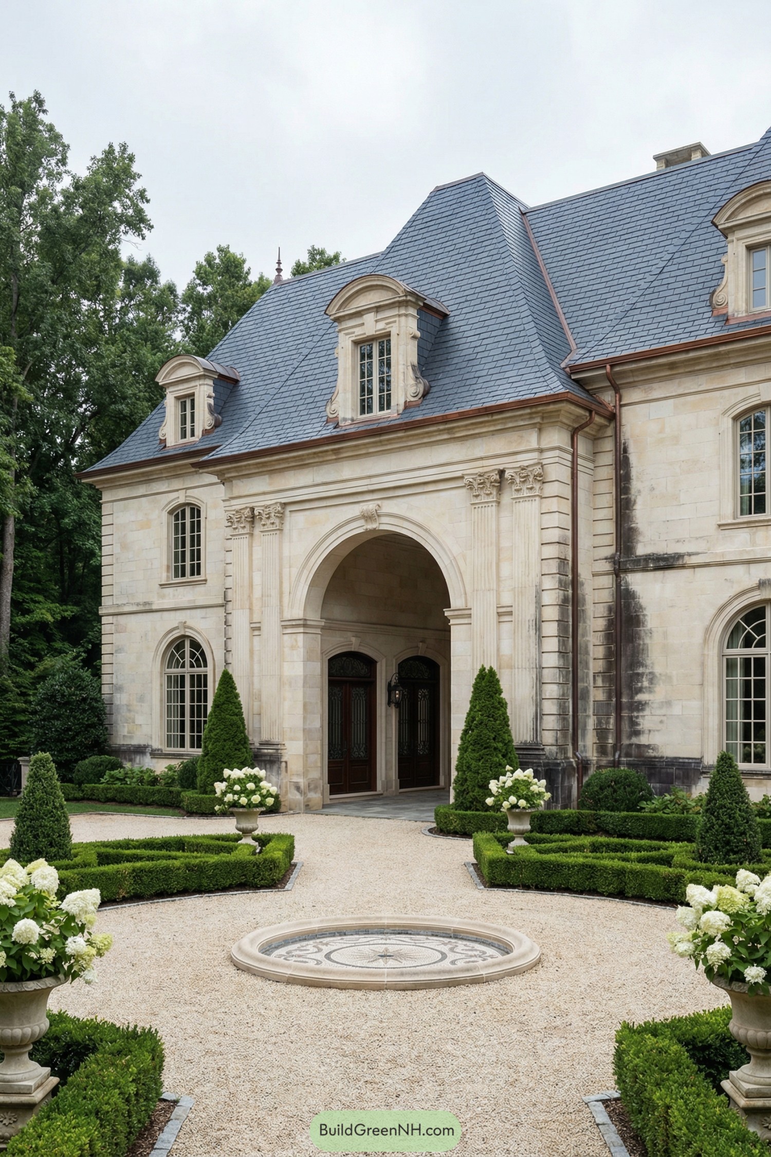 Elegant limestone manor with tall slate mansard roof, arched entry, and formal gravel courtyard