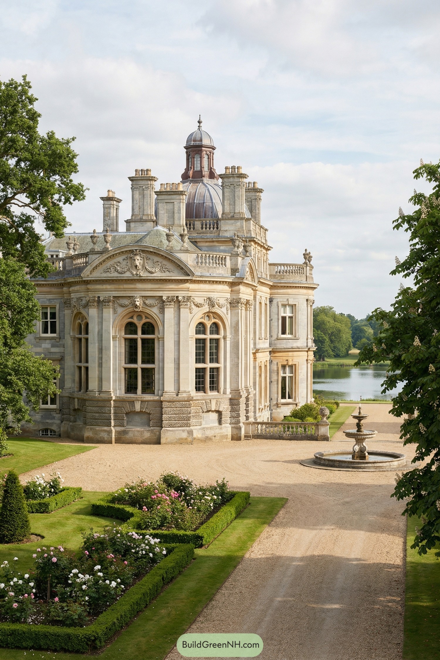 Grand stone manor with ornate dome, formal gardens, and fountain overlooking a lakeside drive