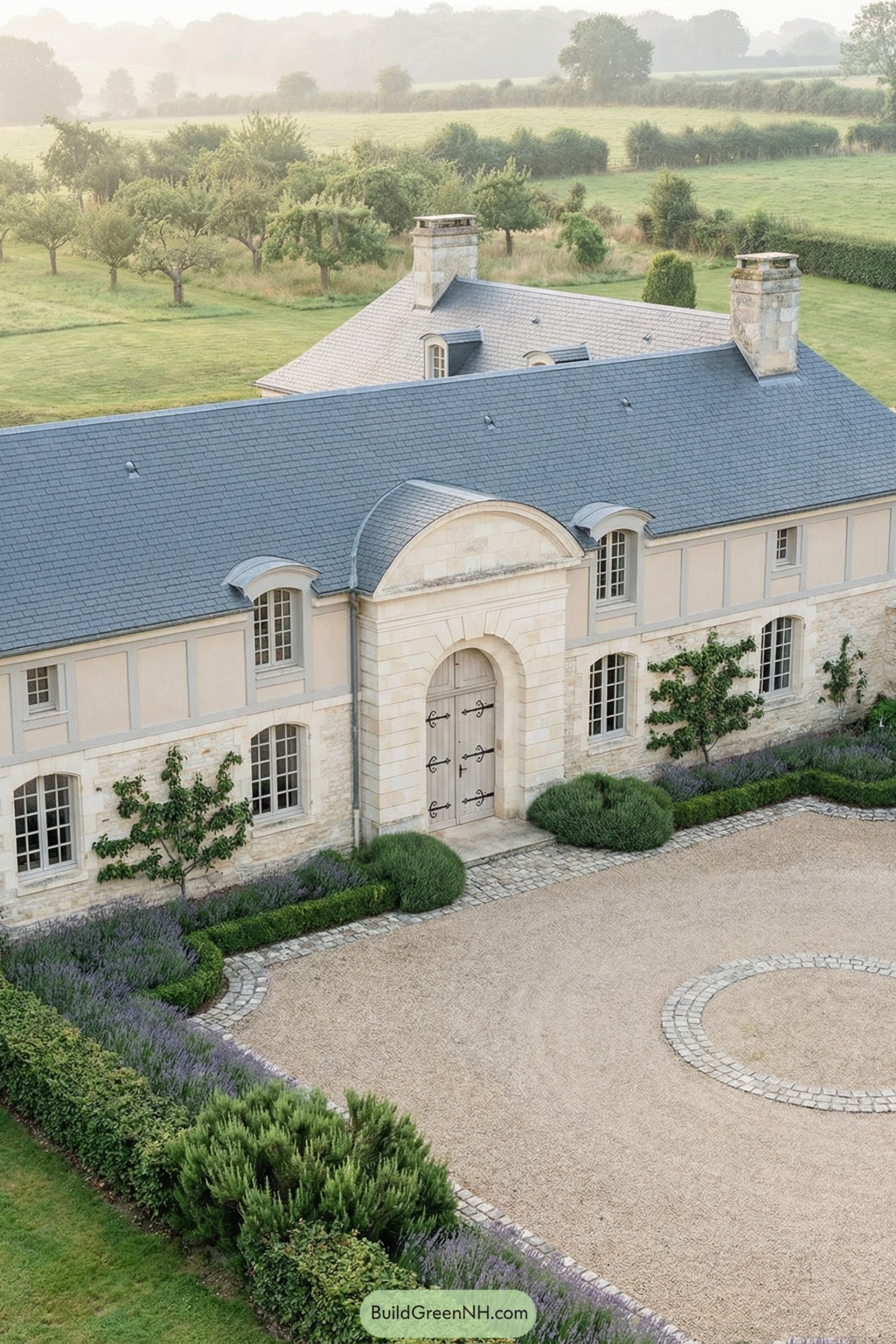 French country manor with slate roof, arched entry, and lavender edged gravel court
