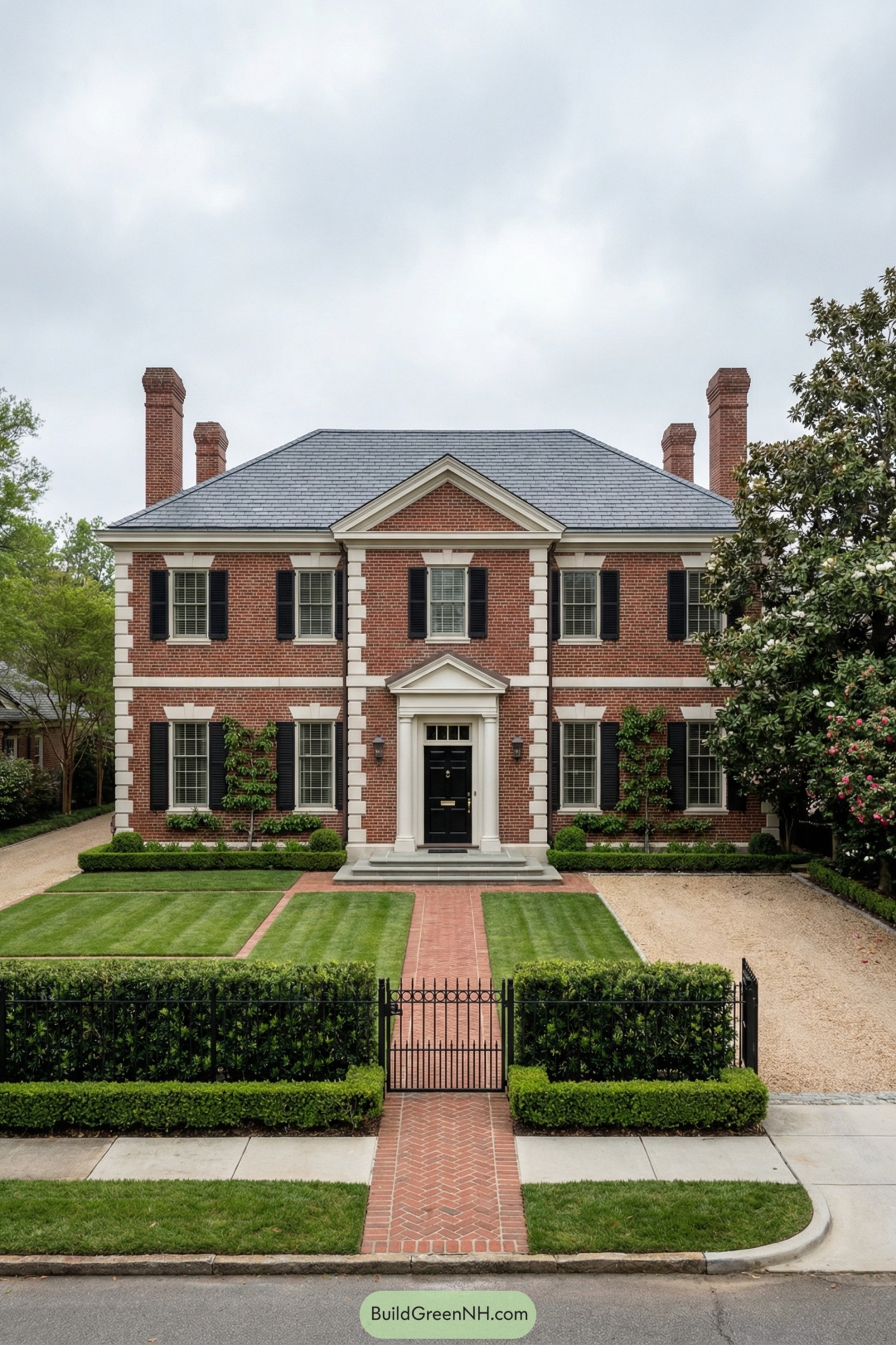 Red brick Georgian style house with black shutters manicured lawn and central brick walkway